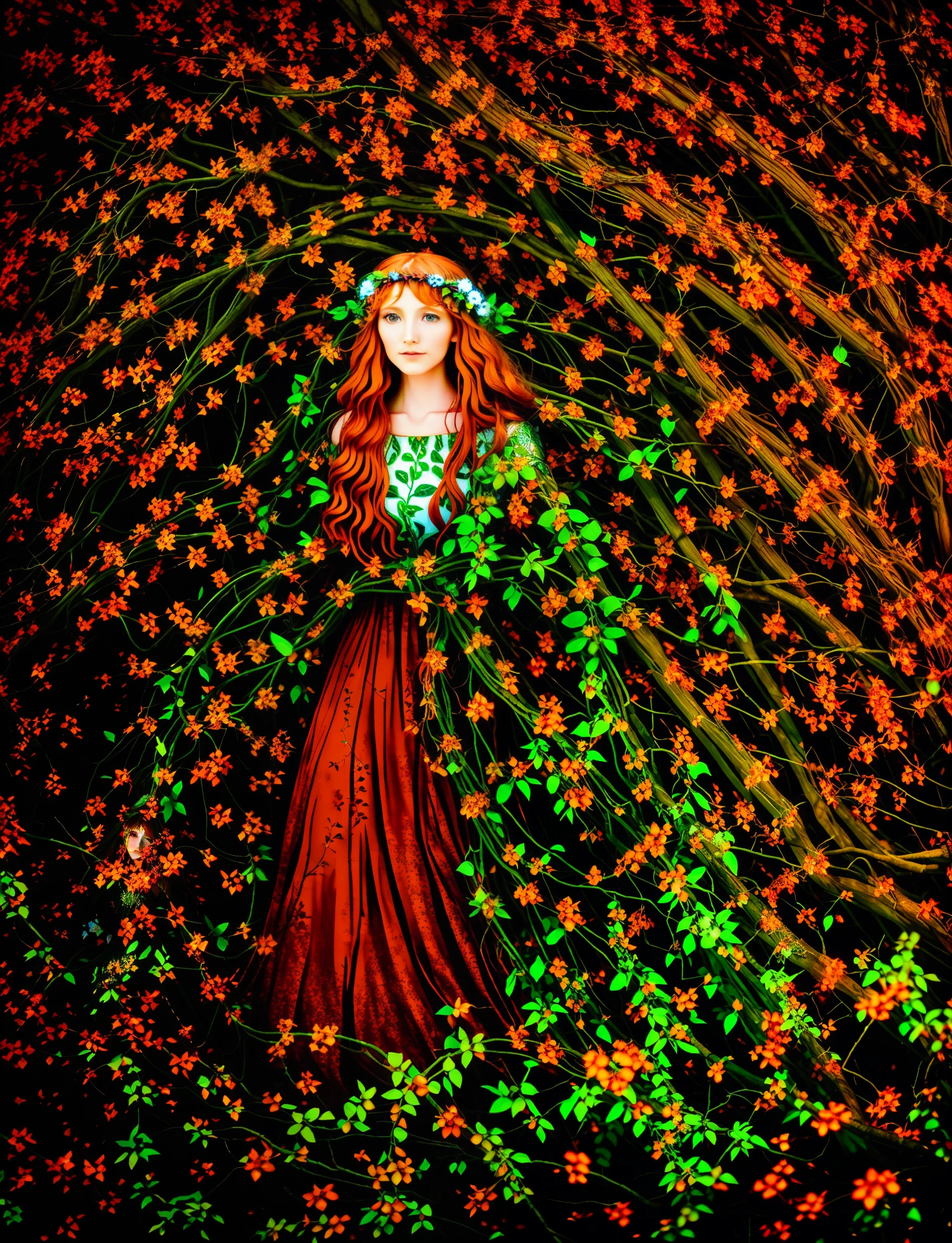 In the field stood a woman with long hair, druid goddess, Earth goddess mythology, goddess of nature, persephone in spring, fey queen of the summer forest, goddess of nature, goddess of the forest, Dryad, Girl with red copper hair, spring goddess, wearing a dress made of vines, Beautiful female druids, a female druid, portrait of a female druid