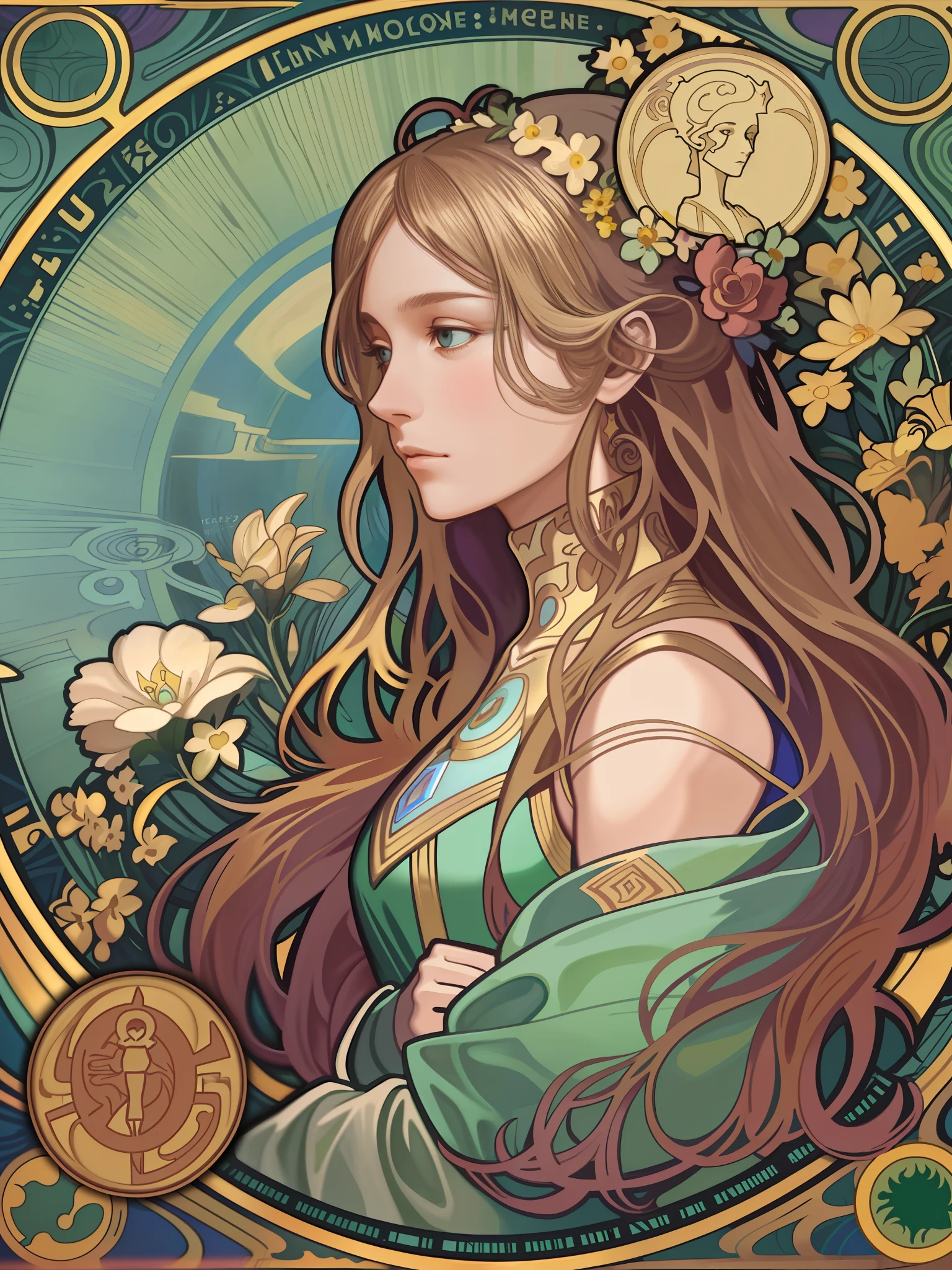 1 girl,woman,Looking down,Solo,The upper part of the body,european woman face portrait,with long coiled hair,Shiny skin, Detailed face, The robe has a pattern, Sumeru,Clouds, themoon,tarot card layout,Best quality, Masterpiece, (Realistic:0.6), Realistic lighting,Flower frame, Decorative panels, abstract artistic, Alphonse Mucha (tmasterpiece, best qualtiy, A high resolution: 1.4), A detailed, Complicated details, 4K,cerulean, Line art, Fibonacci
