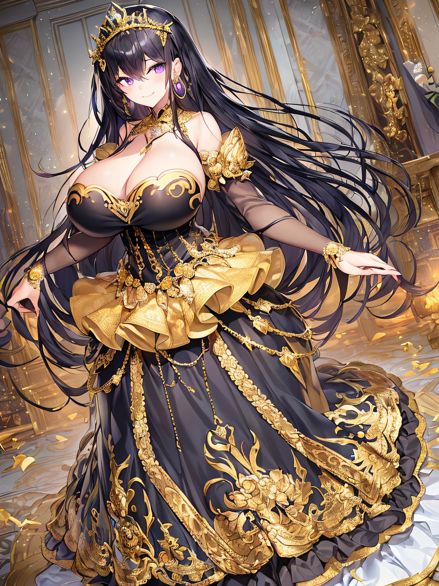 ((anime artstyle)),(Masterpiece),(Best Quality), (Super Detail),((Very Delicate and Beautiful)),((Solo)),((full body)),((1 arrogant princess in black and gold gorgeousfull rococo dress with voluminous skirt)),(Purple eyes),detailed face and eyes,jewel-like eyes,((arrogant)),(((haughty smile))),dominant pose,((voluminous Very Long black Hair,Straight Hair)),((Bangs between eyes)),((gigantic tits,Long tits)),curvy,skindentation,((gorgeousfull embroidery and lace)),gorgeous corsage,See-through,gorgeousfull hair ornament,gorgeousfull glitter jeweled tiara,ornate ruffles,((full body)),((hoop skirt,crinoline)),Dynamic Angle,Looking at viewer,(((gorgeous embroidery black and gold gorgeousfull rococo dress with voluminous skirt)),full body