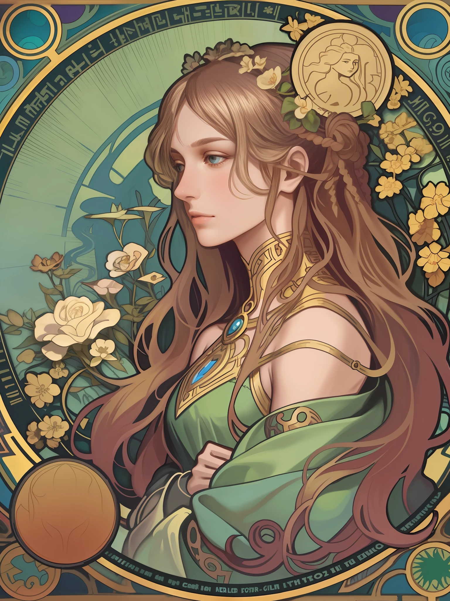 1 girl，woman，Looking down，Solo，The upper part of the body，european woman face portrait，with long coiled hair，Shiny skin, Detailed face, The robe has a pattern， Sumeru，Clouds， themoon，tarot card layout，Best quality, Masterpiece, (Realistic:0.6), Realistic lighting,Flower frame， Decorative panels， abstract artistic， Alphonse Mucha （tmasterpiece， best qualtiy， A high resolution： 1.4）， A detailed， Complicated details， 4K，cerulean， Line art， Fibonacci