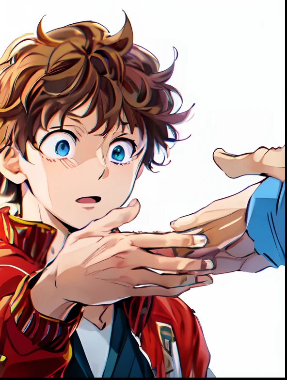 a anime of a boy manga, shocked, shake hands, brown hair color, jacket, close up, color manga, manga color, color manga, color manga panel, simple background