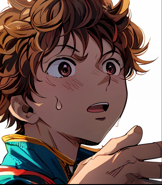 a anime of a boy manga, shocked, sweat, jacket, shake hands, brown hair color, jacket, close up, color manga, manga color, color manga, color manga panel, simple background
