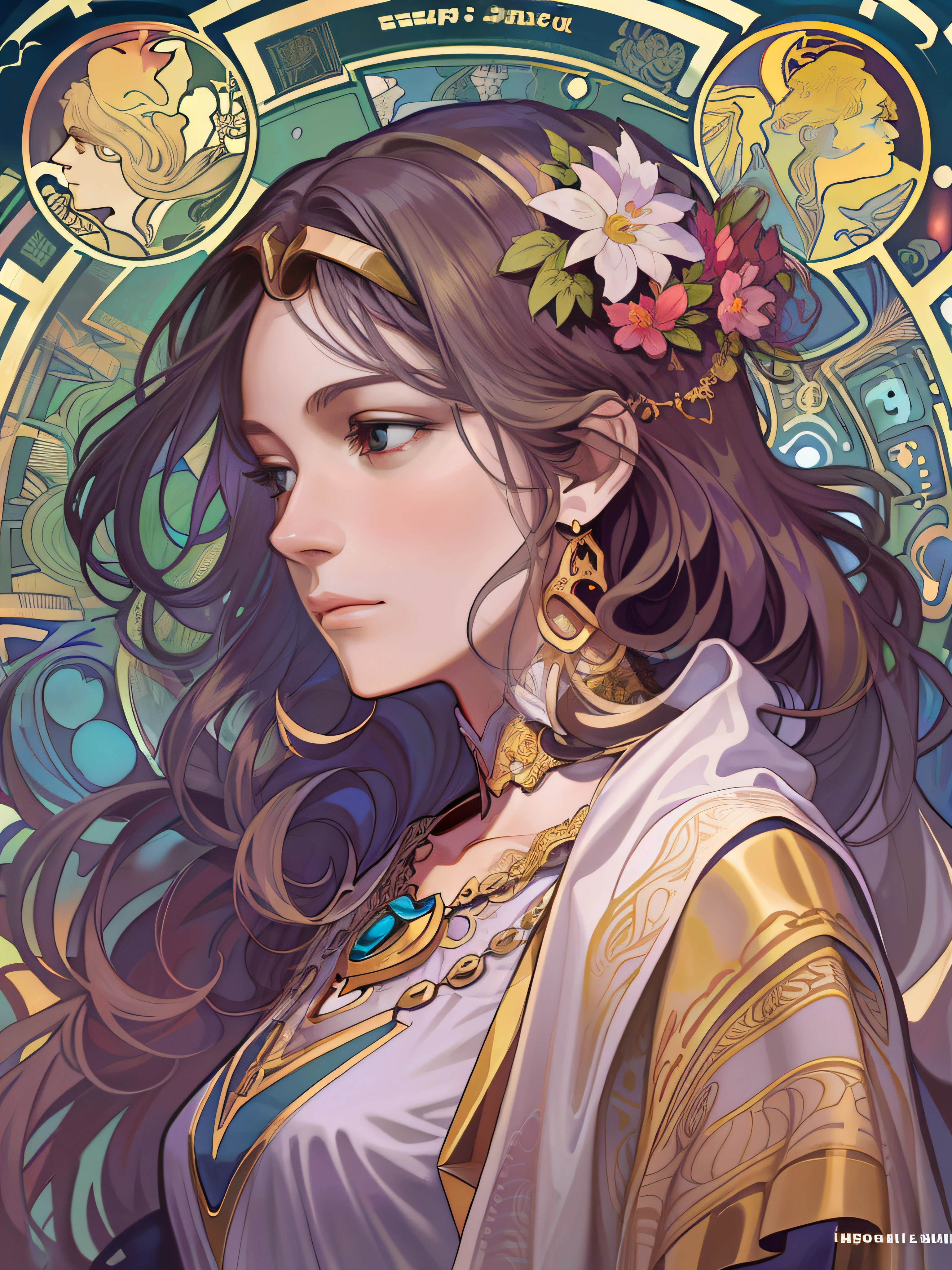 1 girl,woman,Looking down,Solo,The upper part of the body,european woman face portrait,with long coiled hair,Shiny skin, Detailed face, The robe has a pattern, Sumeru,Clouds, themoon,tarot card layout,Best quality, Masterpiece, (Realistic:0.6), Realistic lighting,Flower frame, Decorative panels, abstract artistic, Alphonse Mucha (tmasterpiece, best qualtiy, A high resolution: 1.4), A detailed, Complicated details, 4K,cerulean, Line art, Fibonacci