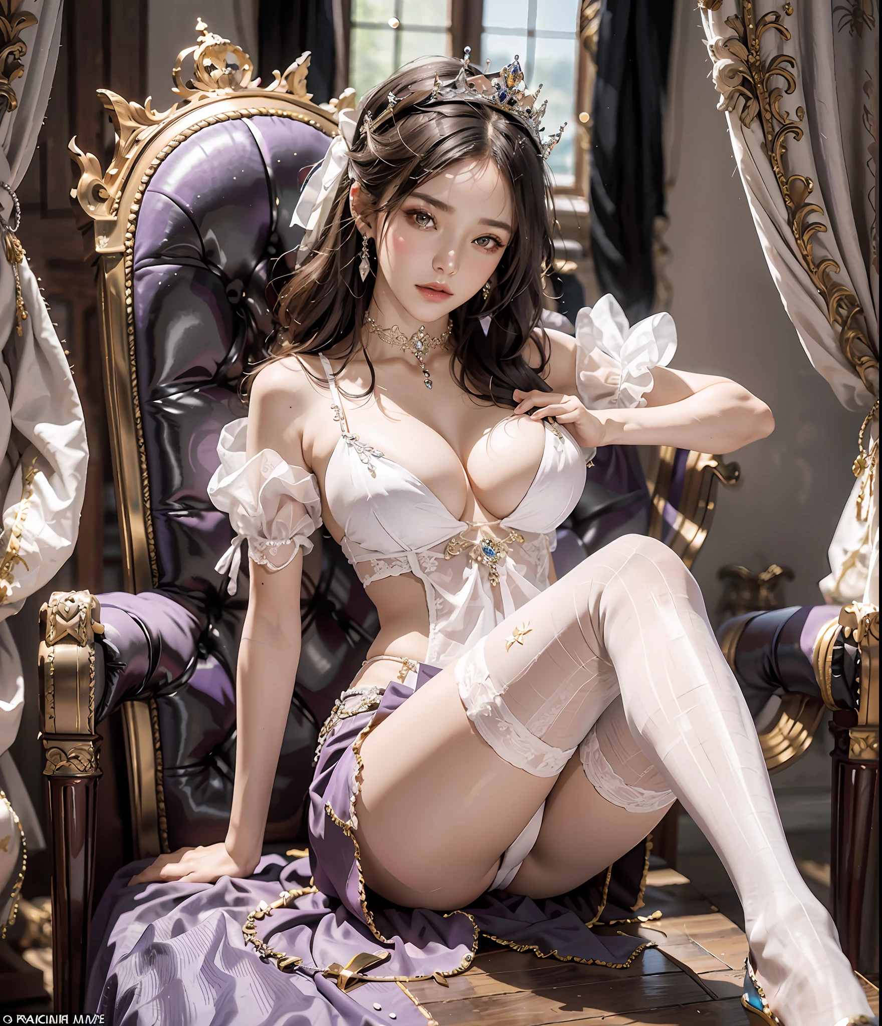Arapefi, Purple princess dress, seated on a throne, wearing high heels,Place your hands on your chest,Wear a crown,choker necklace,Look from the front,close-up from the front,next to a window, sitting in a castle, Sense of transparency,(oversized boobs,1.5),Expose cleavage,Turn around and look at the camera,tmasterpiece,Flawless,Sense of transparency,Empty inspiration,More details and decoration,Exposing thighs,8K,(Wear decorations such as rings,1.9),White-colored skin,Ornate ornament,White waist stockings,one-girl,(Dissection is correct,PremiumQuality, high detal, Masterpiece)