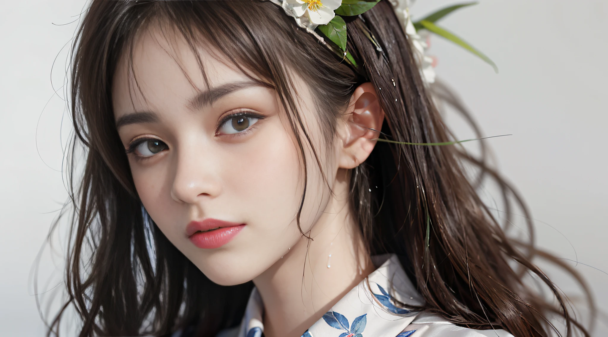 dressed, (photorealistic: 1.4), (hyperrealistic: 1.4), (realistic: 1.3), (smooth lighting: 1.05), (cinematic lighting quality improvement: 0.9), 32K, 1 girl, Japan woman, realistic lighting, backlit, face lights, ray tracking, (bright light: 1.2), (quality improvement: 1.4), ( Realistic textured skin of the highest quality: 1.4), fine detailed eyes, detailed face, fine quality eyes, brown eyes, (moist light pink lips that are wet and reflect light), (tired and sleepy and satisfied: 0.0), white silk blouse with blue floral pattern with ruffles and lace, ribbon ties with thin strings, dark brown hair, short cropped bangs on the forehead, small ribbons on the hair, small flower headbands, One adult woman with faint smile (isolated on white background)