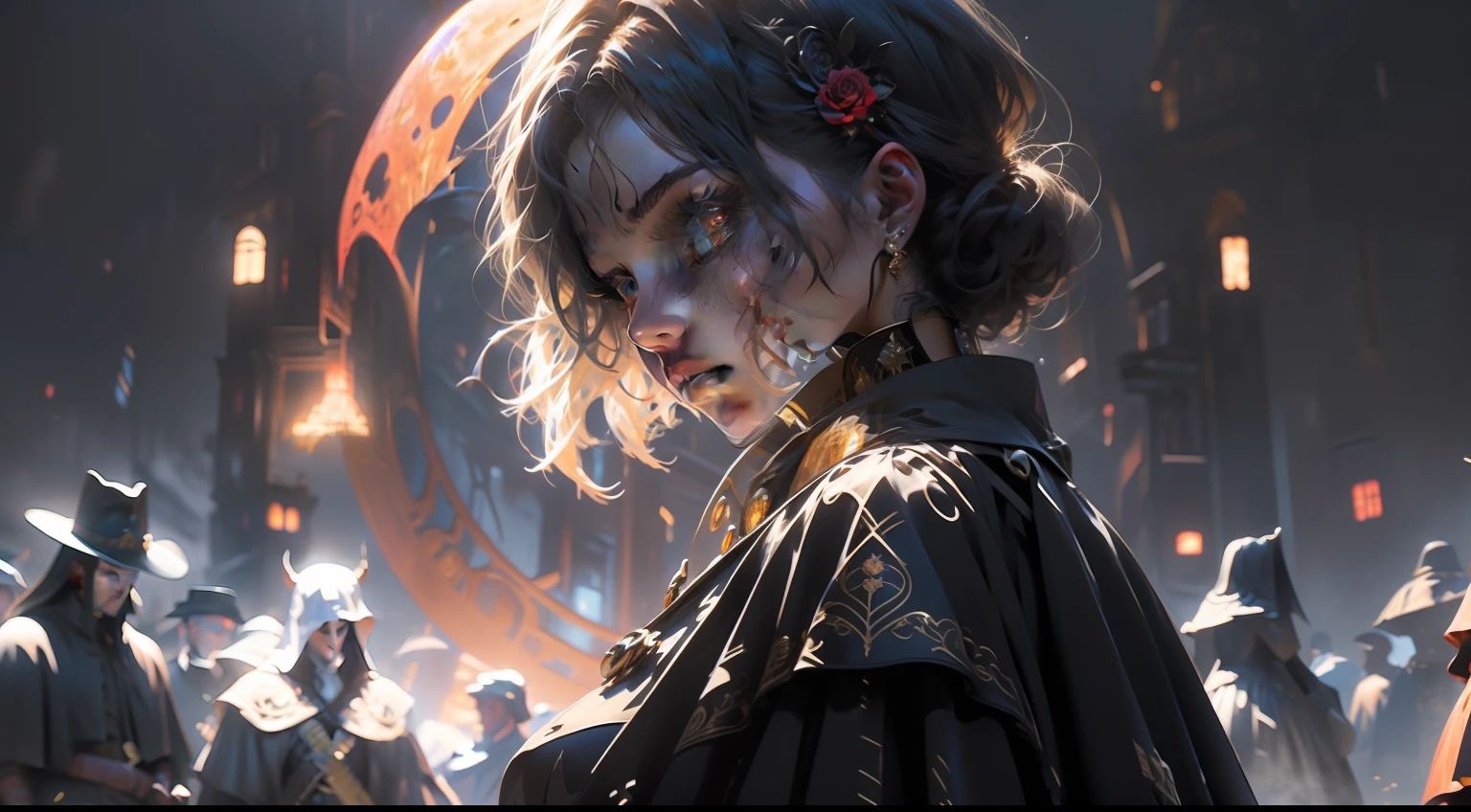Eternal Night Council,Heavy losses for the upper nobility,The background is a European-style castle，It was dark，A red moon is behind the castle，A group of people dressed in ornate armor stand in front of the castle，Surrounded by a woman in a black costume，The woman's face was indifferent，Standing quietly in the middle of the crowd，The woman is half-turned，sideface
