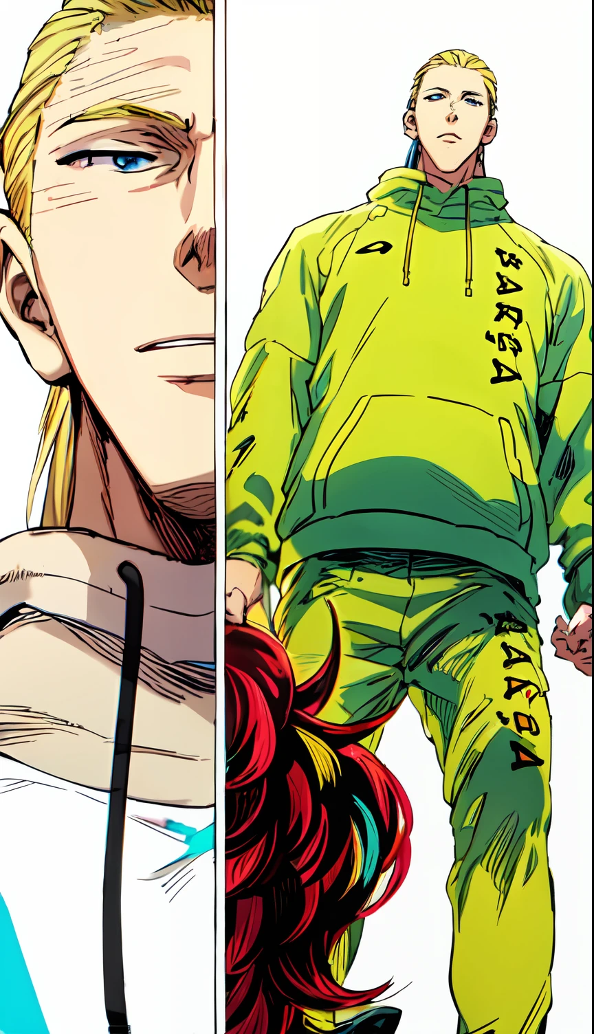 a anime of a boys manga, slick back hairstyle, blonde hair color, hoodie, daydream, no hopeless, color manga, manga color, color manga, color manga panel, simple background
