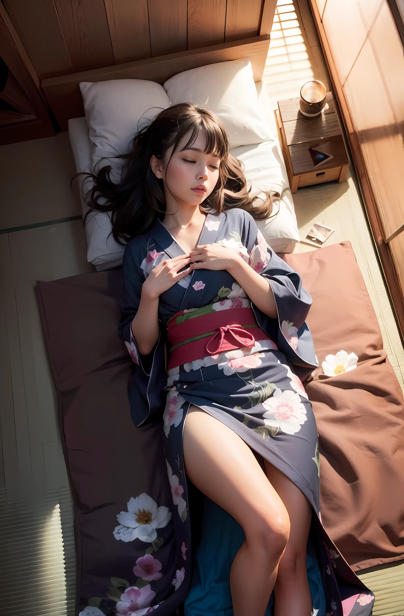 Best Quality, masutepiece, Photorealistic, High resolution, 8k RAW photo, 
1 woman, 25-years old, sleeping on the tatami mats, Yukata, The front of the yukata is exposed...., Reveal chest and legs,With your hands tied,
 (Japanese-style room, Mrs. mats), ( From  above, From the outside, Medium Full Body Shot)