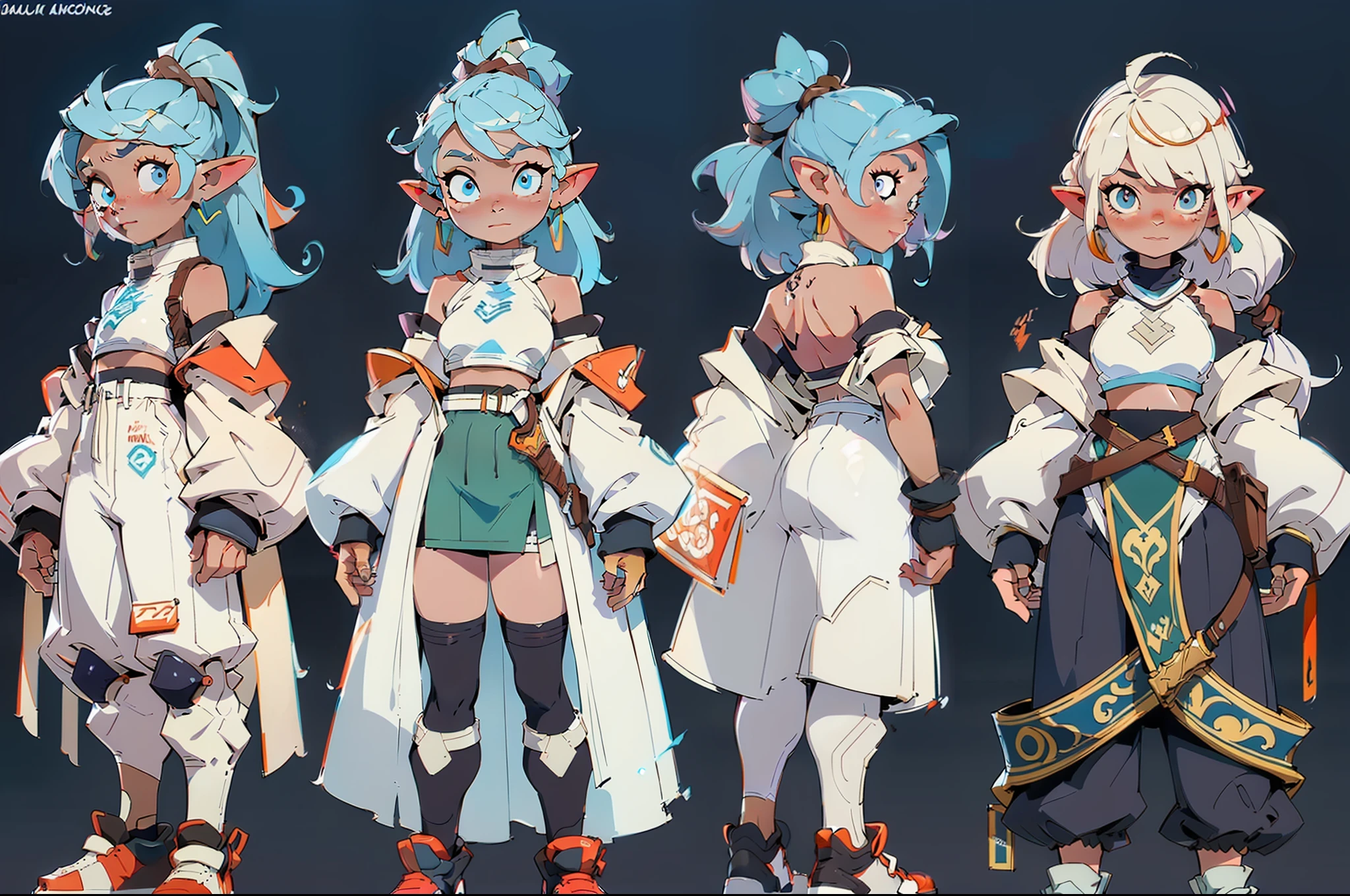((three sided view,full bodyesbian,Simple background,multiple views,A high resolution)),An adult elf,magical girl,(the elf:1.2),cabelos preto e longos,little wings,perfect eyes,s the perfect face,Unilateral ear twisted braid,Feather earrings,cropped shoulders,(Magician 1.3),Tactical pack,pergaminhos,The clothes are blue and white,magical weapons,Fantasy creatures,((concept art of character)),((CharacterDesignSheet、Same role、frontage、Lateral face、on back)(simplebackground,white backgrounid:1.3)。