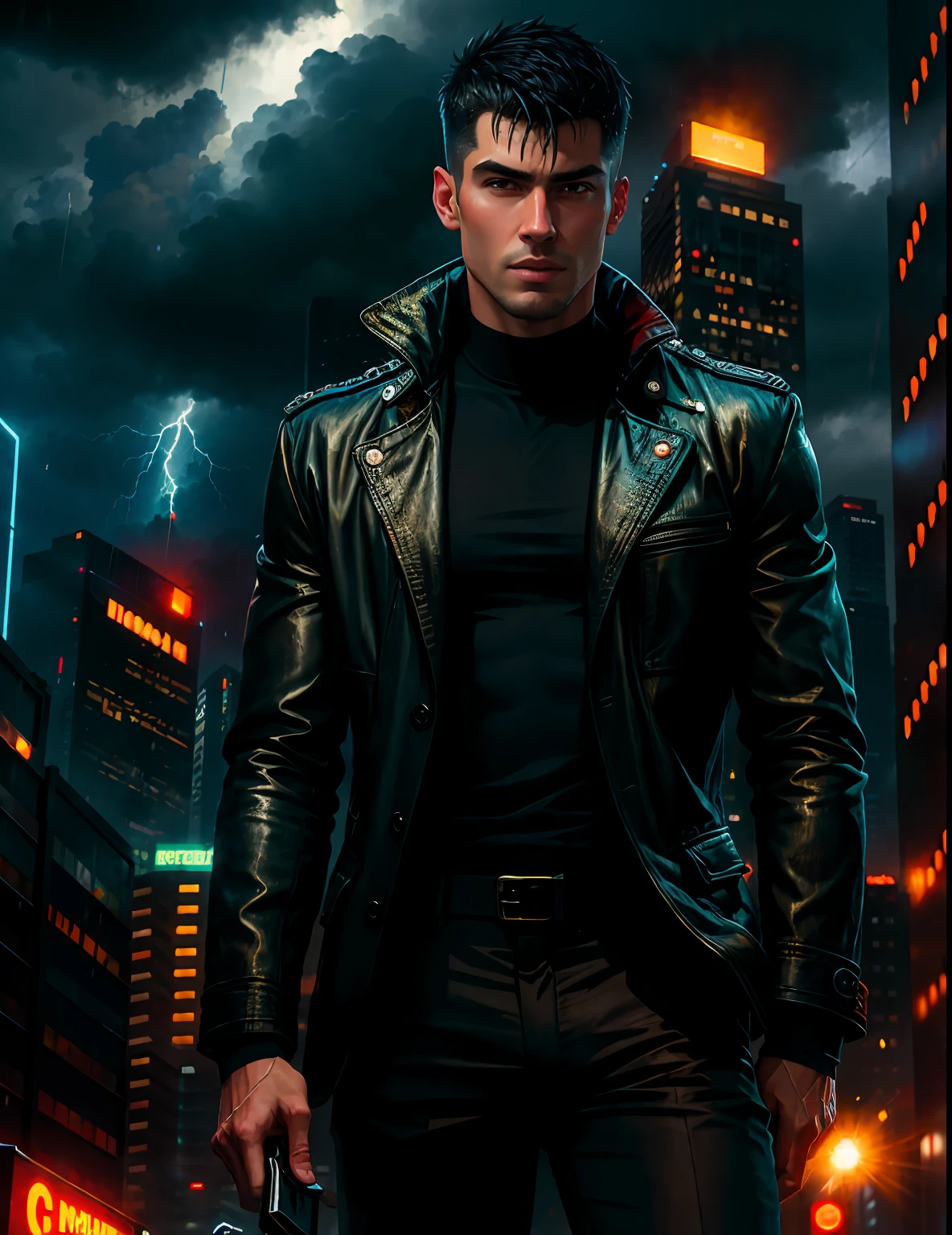 masterpiece, best quality, highres, realistic, handsome gay facial features, police coat, rainy wet weather, soaking wet skin, raindrops, thunder storm, blade runner, dystopia, science fiction, biomechanical details, bright neon lights, dark looming buildings, barechest, big pecs, pale skin, pulled down pants,short black hair,((young))