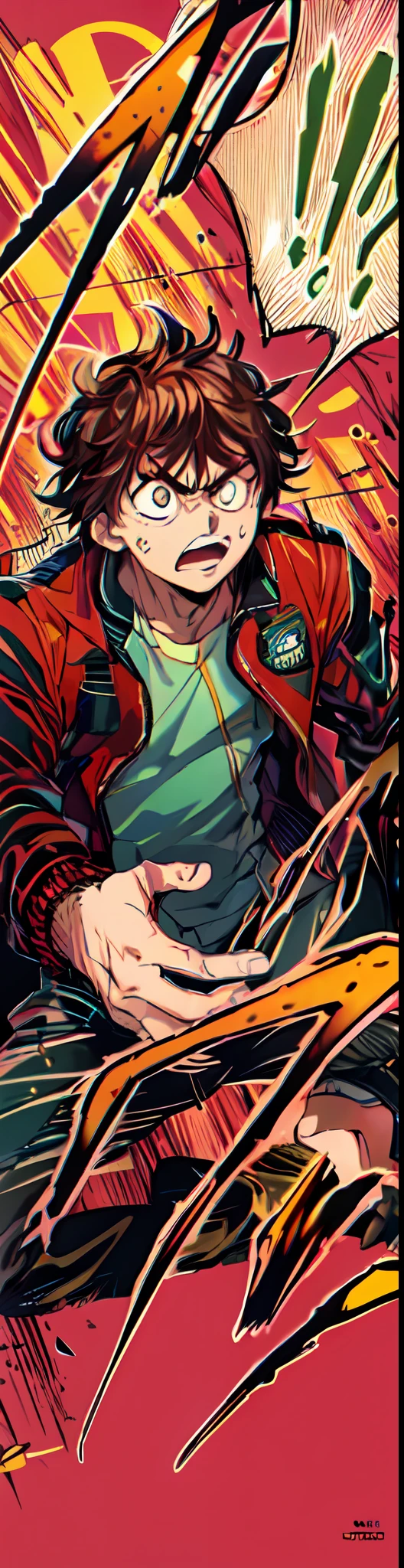 a anime of a boy manga, shocked, angry, mad, shake hands, mad aura, brown hair color, jacket, color manga, manga color, color manga, color manga panel, simple background