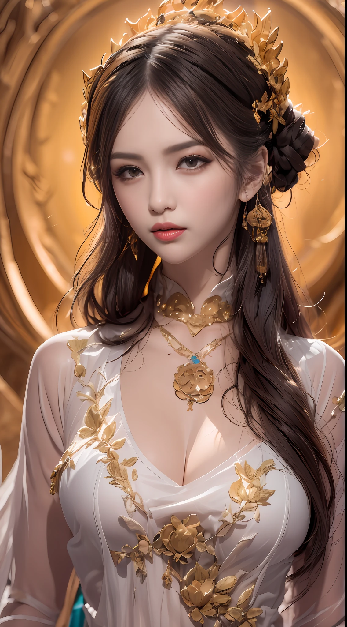 Portrait of a young 20-year-old saint, a saint with a beautiful and super cute face, Chinese doll, super cute face, holy woman wearing a combination of ao dai and thin pants with red color and yellow lace trim, beautiful face without blemishes, shut up, ((long hair seven colors rainbow:1.2)), Front bangs, long straight hair tied neatly,, hair brooch, hanfu dress, chinese ancient style, Neck and hand necklaces, small earrings, hair jewelry, hair brooches, ao dai with many meticulous motifs, forehead tattoo,Big and round breasts, The female saint's breasts are round and very full, breast augmentation, innocent face, The most beautiful and detailed light red lipstick, ((Thin plump lips:0.3)), ((Golden eyes:1.2)), The eyes are delicately decorated,(white and detailed) cinematic, light and dark, dramatic lighting, magical light, extremely detailed light, true color, super sharp, realistic, 8k quality, fantasy universe background, saints and magical space, the most detailed images, Solo, a saintess, ((looking directly at the saint's upper body:0.4)), ((smooth skin:0.5)), Extremely detailed pixels, super true, extremely detailed and complex graphics, the highest resolution, close-up portrait,