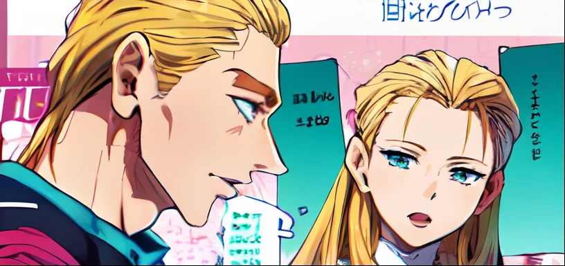 a anime of a boys girls manga, slick back hairstyle, blonde hair color, close up, text speech manga, color manga, manga color, color manga, color manga panel, simple background