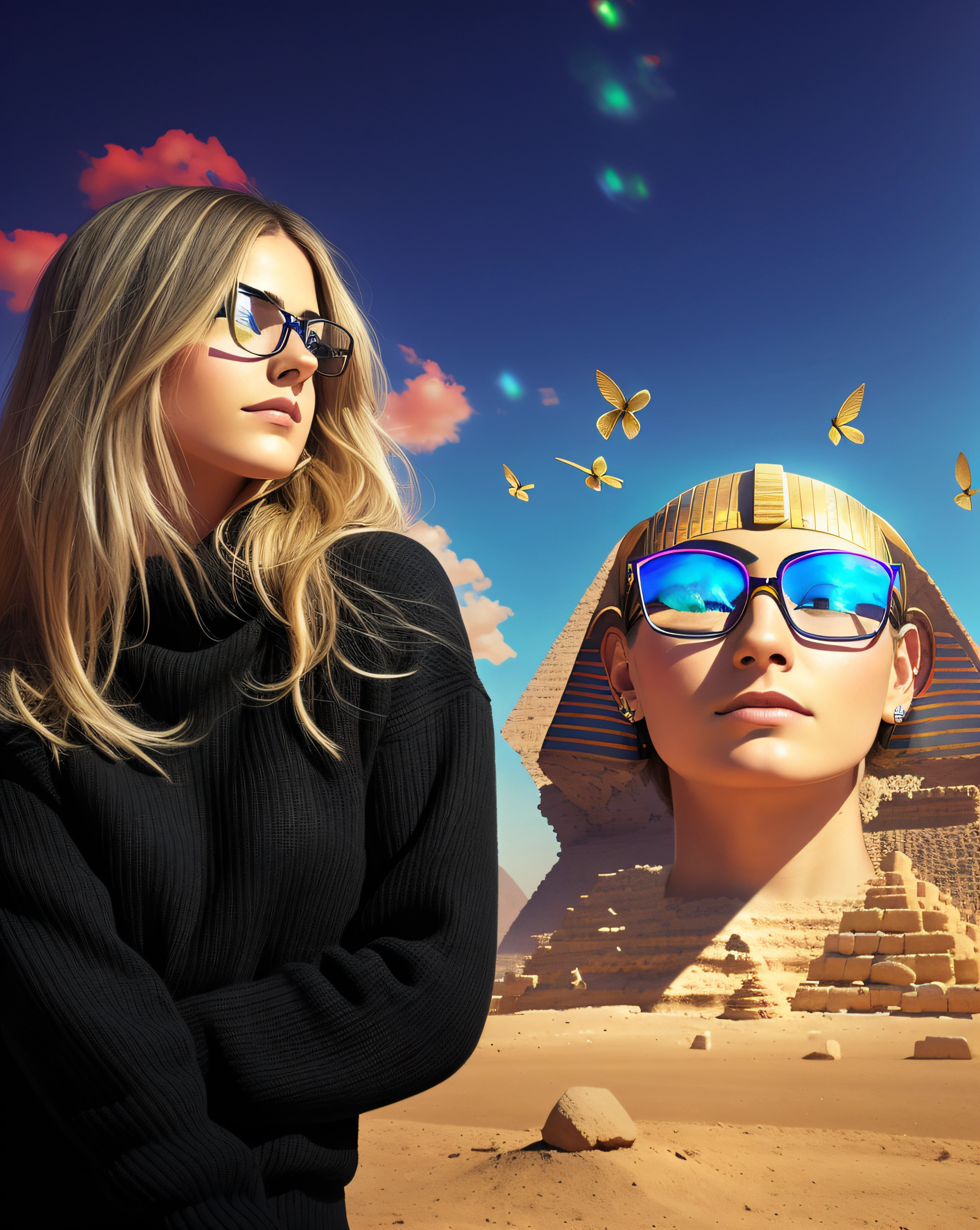 Blonde woman in black sweater and glasses standing in front of pyramids, pyramids in the background, pyramids in background, " Femme on a Galactic Coast, Pyramids, stargate standing in desert, pyramids style, Girl in Egyptian ruins, black emma watson as egyptian, Mystical setting, Foto retrato, pyramid in background, Foto retrato de pintura fosca, inspirado em Julia Pishtar