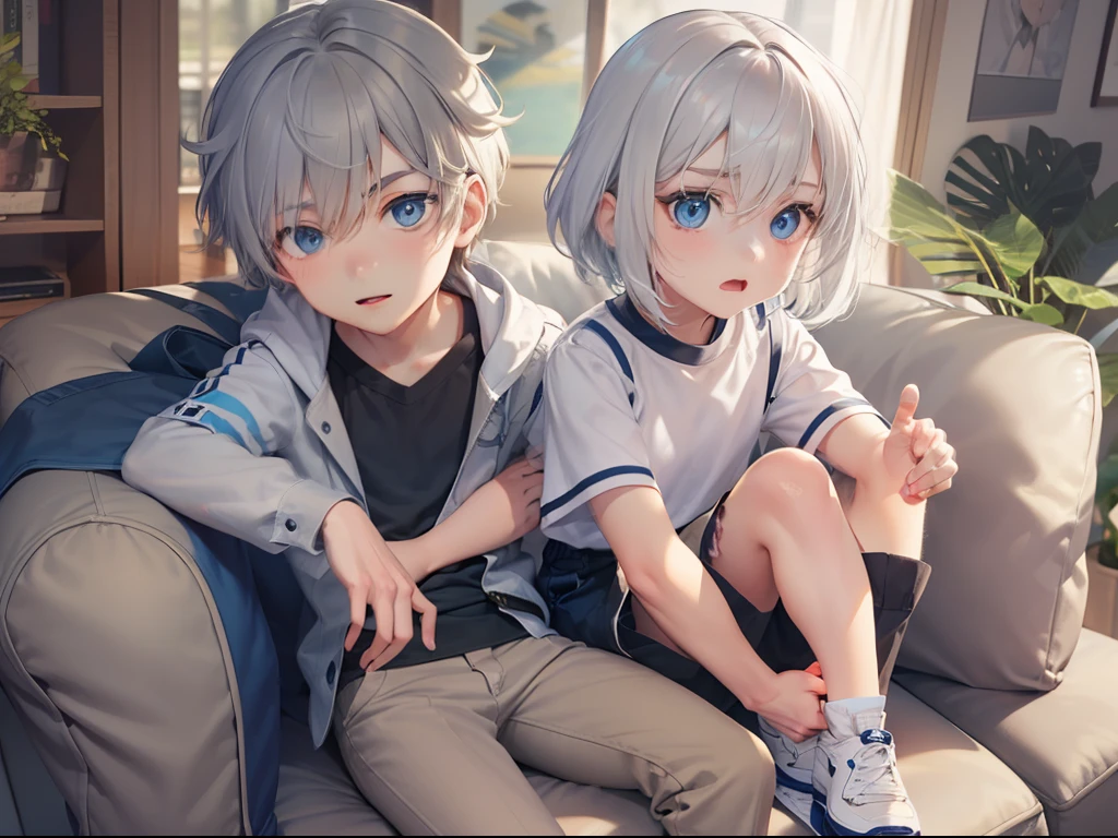Generate a photo,Best quality, tmasterpiece, A boy sits on a sofa, A girl sits on the boy's lap, The boy is 18 years old,Tall, Short gray hair and blue eyes, Express pleasure, The girl is short in stature, Short white hair, Blue eyes, The expression is worried