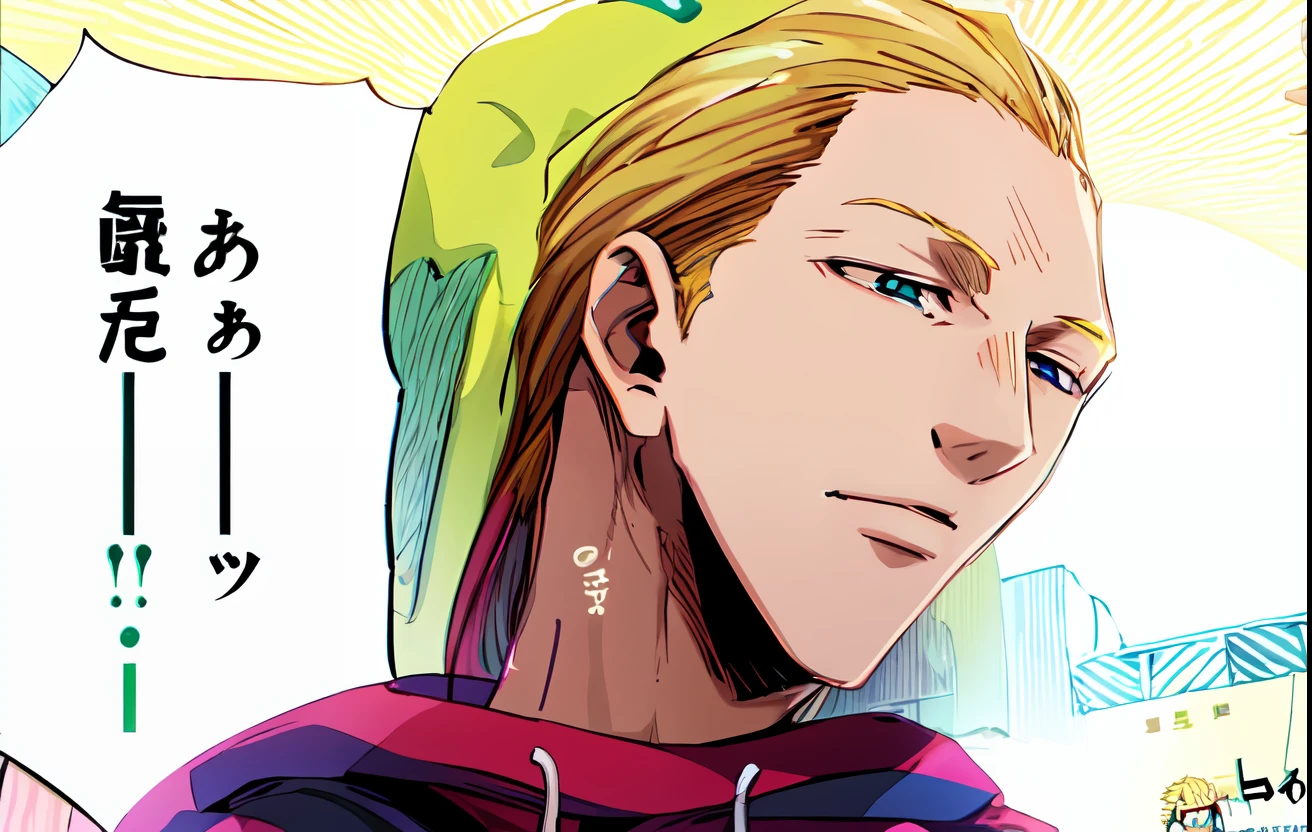 a anime of a boy manga, slick back hairstyle, blonde hair color, hoodie, daydream, no hopeless, color manga, manga color, color manga, color manga panel, simple background