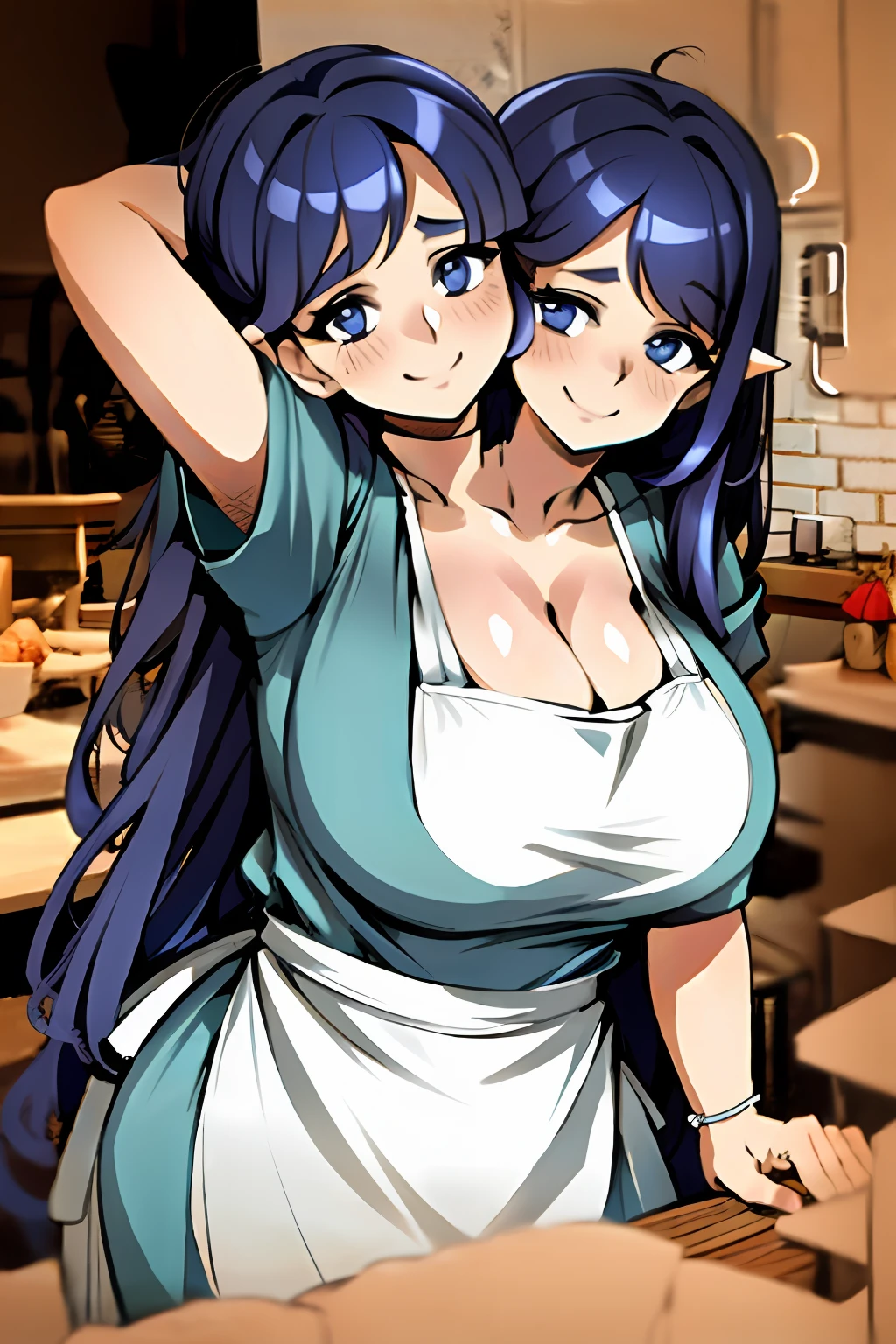 2heads, a short chubby woman with 2 heads. She has gigantic breasts. She is in a kitchen. She is wearing an apron. She has enormous breasts. She is smiling wide. She has long hair. She has a motherly appearance. Her breasts are massive. She is extremely short and chubby.