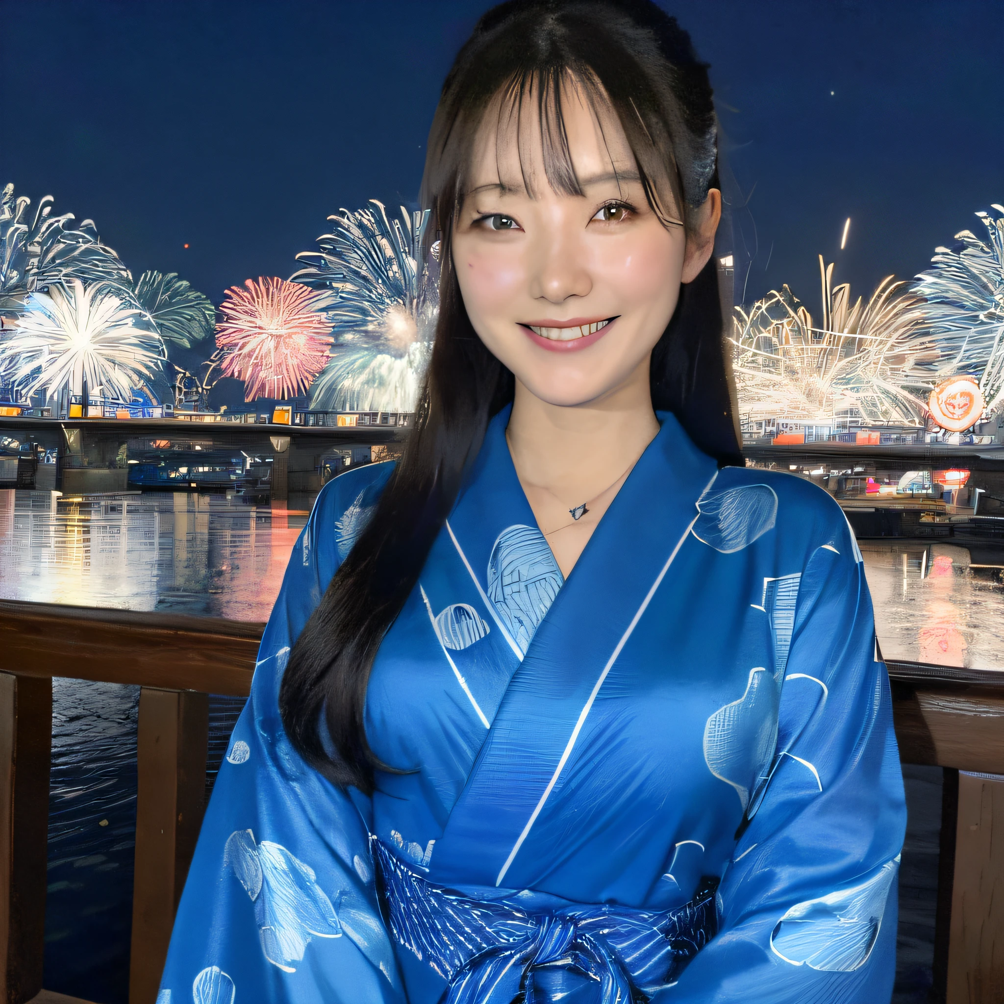 ((​masterpiece、top-quality、ultra-definition、hight resolution))、4K.独奏、Beautiful woman at 33 years old、Korea person、Slimed、the perfect body、Beautiful sister、Blue theme、Yukata、Fireworks at night in the background、Japan Yukata