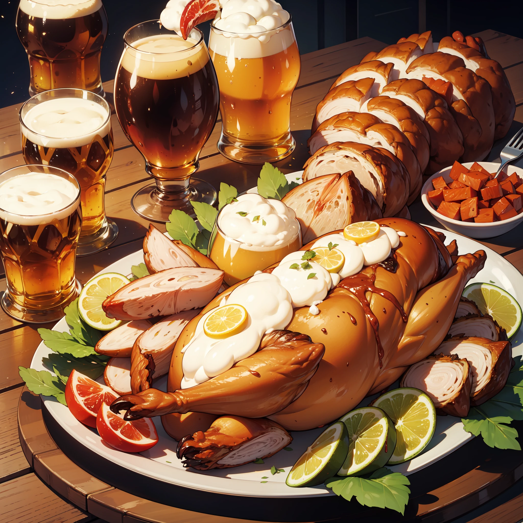 a chicken platter, glass of beer