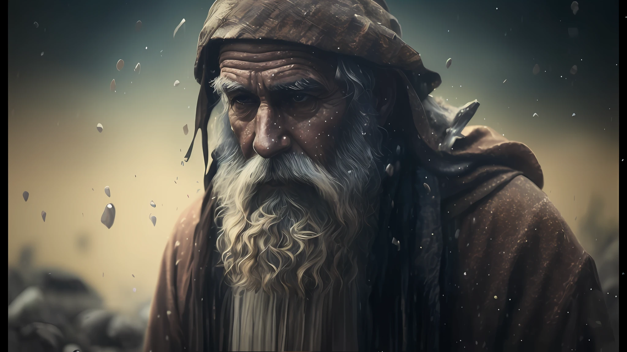 Man with long beard and hat in the rain, cinematic digital painting, arte digital altamente realista, pintura digital ultra realista, Retrato VFX altamente detalhado, Cinematic realistic portrait, pintura digital impressionante, arte digital muito realista, pintura digital realista, arte conceitual ultra realista, Wise old man, Arte digital realista 4K, Arte digital realista 4K