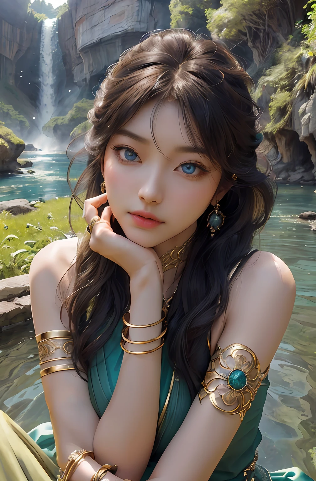((Realistic:1.5)),Ulzzang-6500:1.4,((Best quality)), ((Masterpiece)),((Detailed)),2girls,duo,{2 beautiful women}, (Upper body:1.3),Hug and touch each other, Tease your friend's waist, Breathless friends, Biting a friend's earlobe, crouched,super wide shot,Face focus, Long legs,Curvy, Barefoot,Wide hips, Thin legs, Oversized eyes,Long eyelashes, (Detailed face,beautidful eyes, detailedpupils,detailed clothes features, Clear background:1.3), (armlets, bangle:1.3), Mysterious ancient ruins, floresta exuberante, Deep canyon,bridge,River,cliff,Cloud,lakes,Rock music,Waterfalls, Flowers, Grass,grape trees,tree,bright detail,Sharp,Perfect compounding, Intricate, Sharp focus, Dramatic,