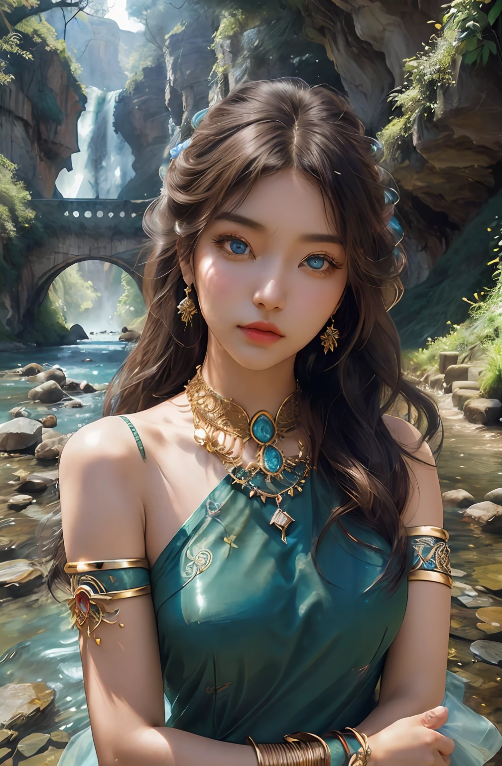 ((Realistic:1.5)),Ulzzang-6500:1.4,((Best quality)), ((Masterpiece)),((Detailed)),2girls,duo,{2 beautiful women}, (Upper body:1.3),Hug and touch each other, Tease your friend's waist, Breathless friends, Biting a friend's earlobe, crouched,super wide shot,Face focus, Long legs,Curvy, Barefoot,Wide hips, Thin legs, Oversized eyes,Long eyelashes, (Detailed face,beautidful eyes, detailedpupils,detailed clothes features, Clear background:1.3), (armlets, bangle:1.3), Mysterious ancient ruins, floresta exuberante, Deep canyon,bridge,River,cliff,Cloud,lakes,Rock music,Waterfalls, Flowers, Grass,grape trees,tree,bright detail,Sharp,Perfect compounding, Intricate, Sharp focus, Dramatic,