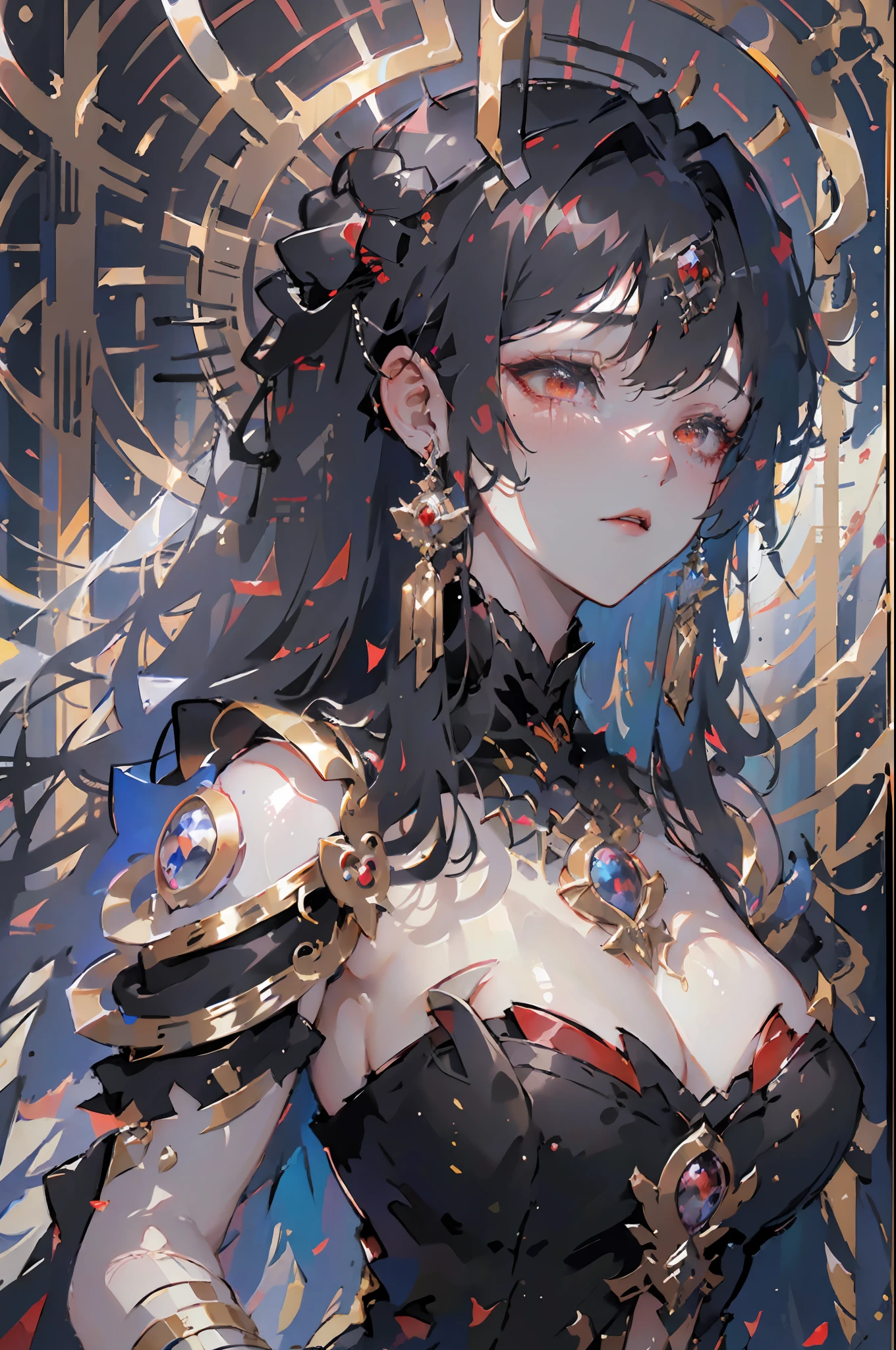 beautiful detailed background, octane render, 8k, best quality, masterpiece, illustration, extremely delicate and beautiful, detailed,extremely detailed,CG,unity,wallpaper,Amazing, fine detail, realistic art: 1.2 ,masterpiece, best quality, official art, extremely detailed CG unity 8k wallpaper,1girl, (((long black straight hair,))), dark knight,red eyes,beautiful face, upper body,(black Armor and red robe,) looking at view realistic photo,Evil laugh,
(hiqcgbody) ,perfect female figure,earring,narrow waist, (looking at view), alluring,prestige,(fire,indoor,ruins)