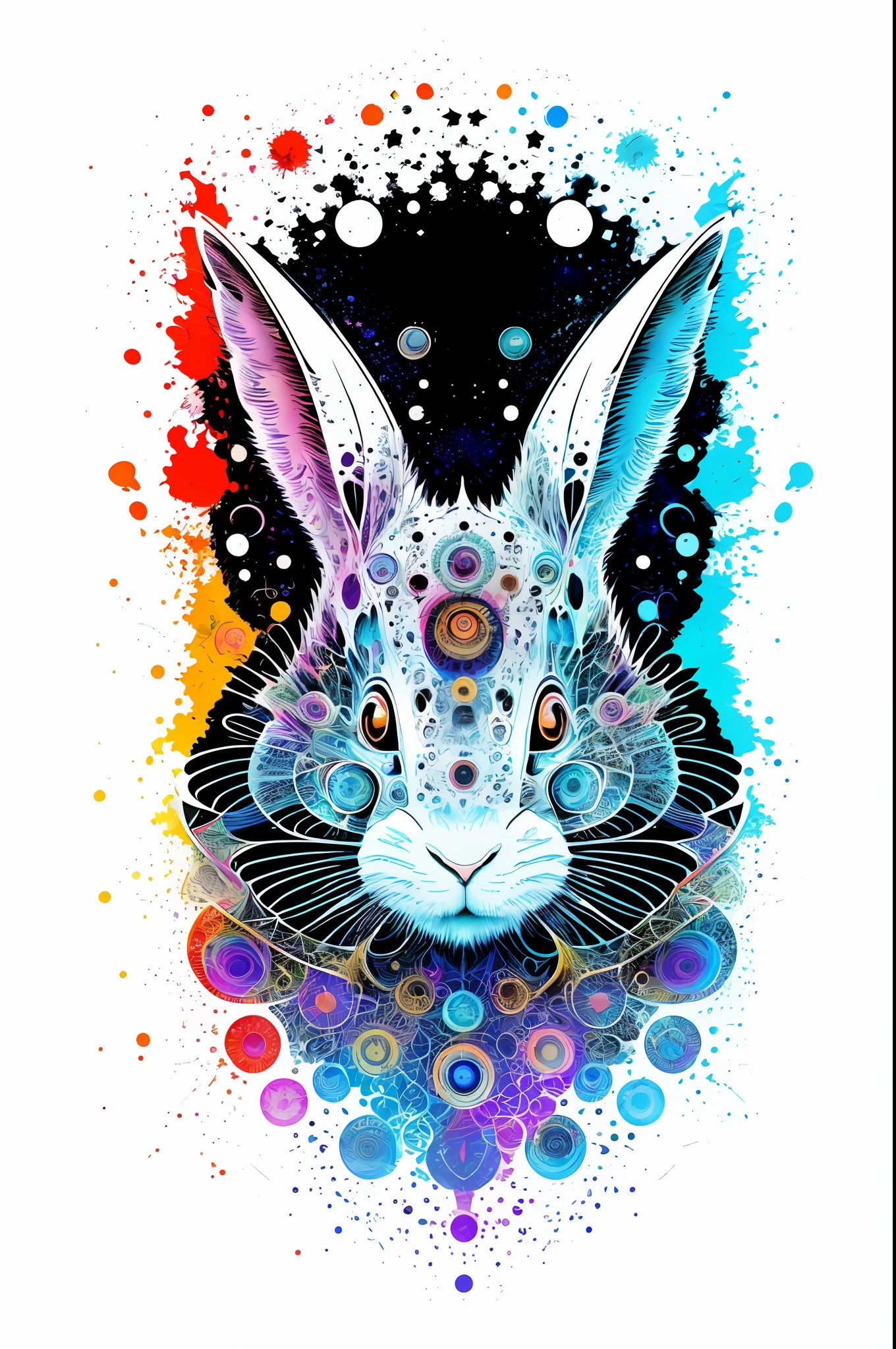 in the style of 0mib,T-shirt design,the white rabbit,Prismatic fragments,Reflect fractal circles,Doodle lines,ink spatter,Melted brushstrokes,particles vortex,dramatic lighting,high high quality, Beautiful,tmasterpiece
