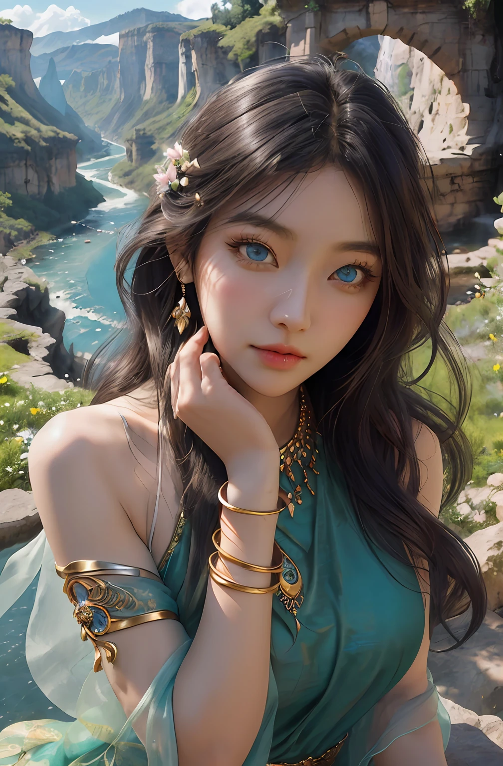 ((Realistic:1.5)),Ulzzang-6500:1.4,((Best quality)), ((Masterpiece)),((Detailed)),2girls,duo,{2 beautiful women}, (Upper body:1.3),Hug and touch each other, Tease your friend's waist, Breathless friends, Biting a friend's earlobe, crouched,super wide shot,Face focus, Long legs,Curvy, Barefoot,Wide hips, Thin legs, Oversized eyes,Long eyelashes, (Detailed face,beautidful eyes, detailedpupils,detailed clothes features, Clear background:1.3), (armlets, bangle:1.3), Mysterious ancient ruins, floresta exuberante, Deep canyon,bridge,River,cliff,Cloud,lakes,Rock music,Waterfalls, Flowers, Grass,grape trees,tree,bright detail,Sharp,Perfect compounding, Intricate, Sharp focus, Dramatic,