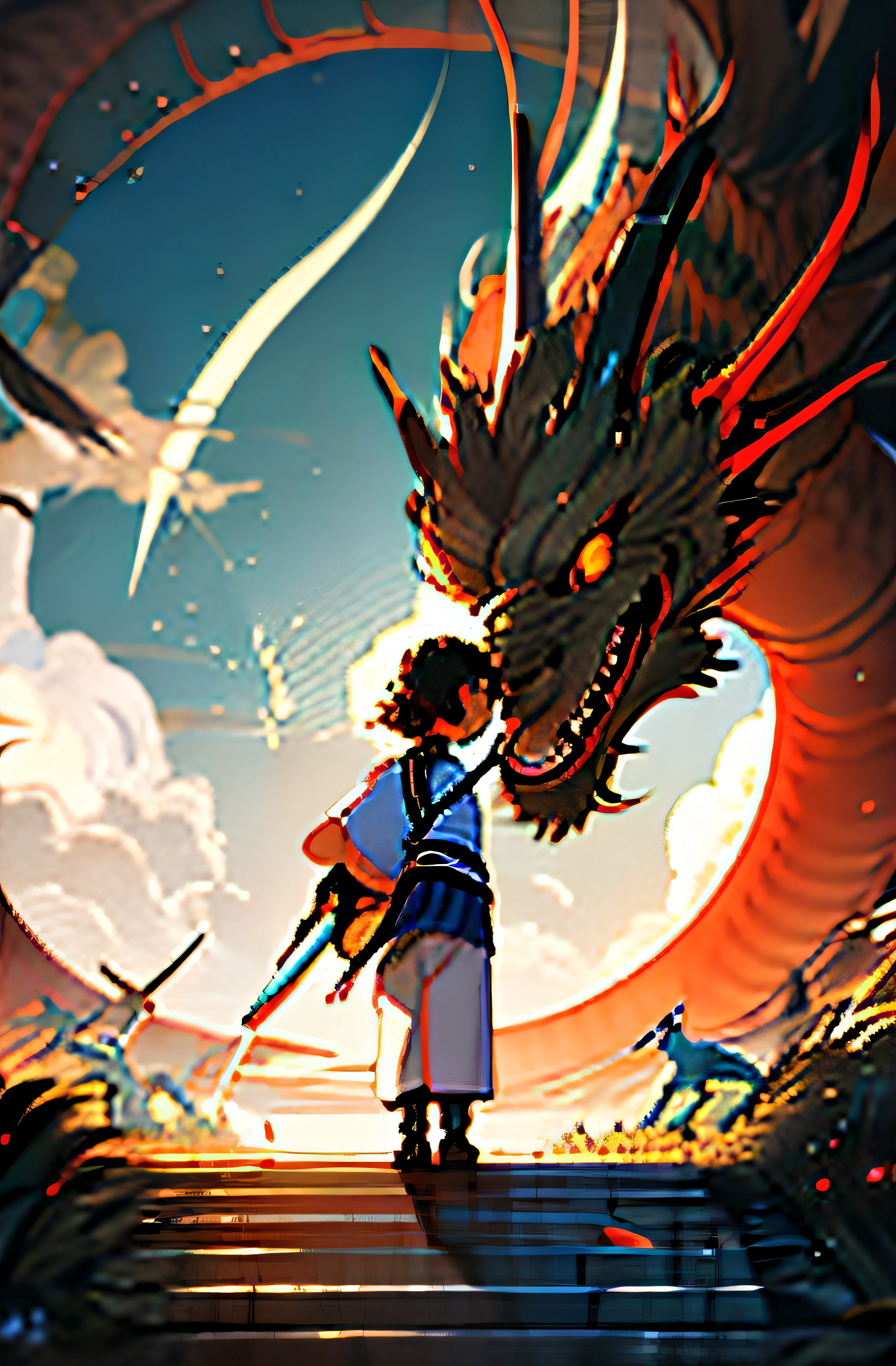 Kizi, standing on your feet, clouds, from back, Skysky, mostly cloudy sky, critters, holdingweapon, a Oriental Dragons,