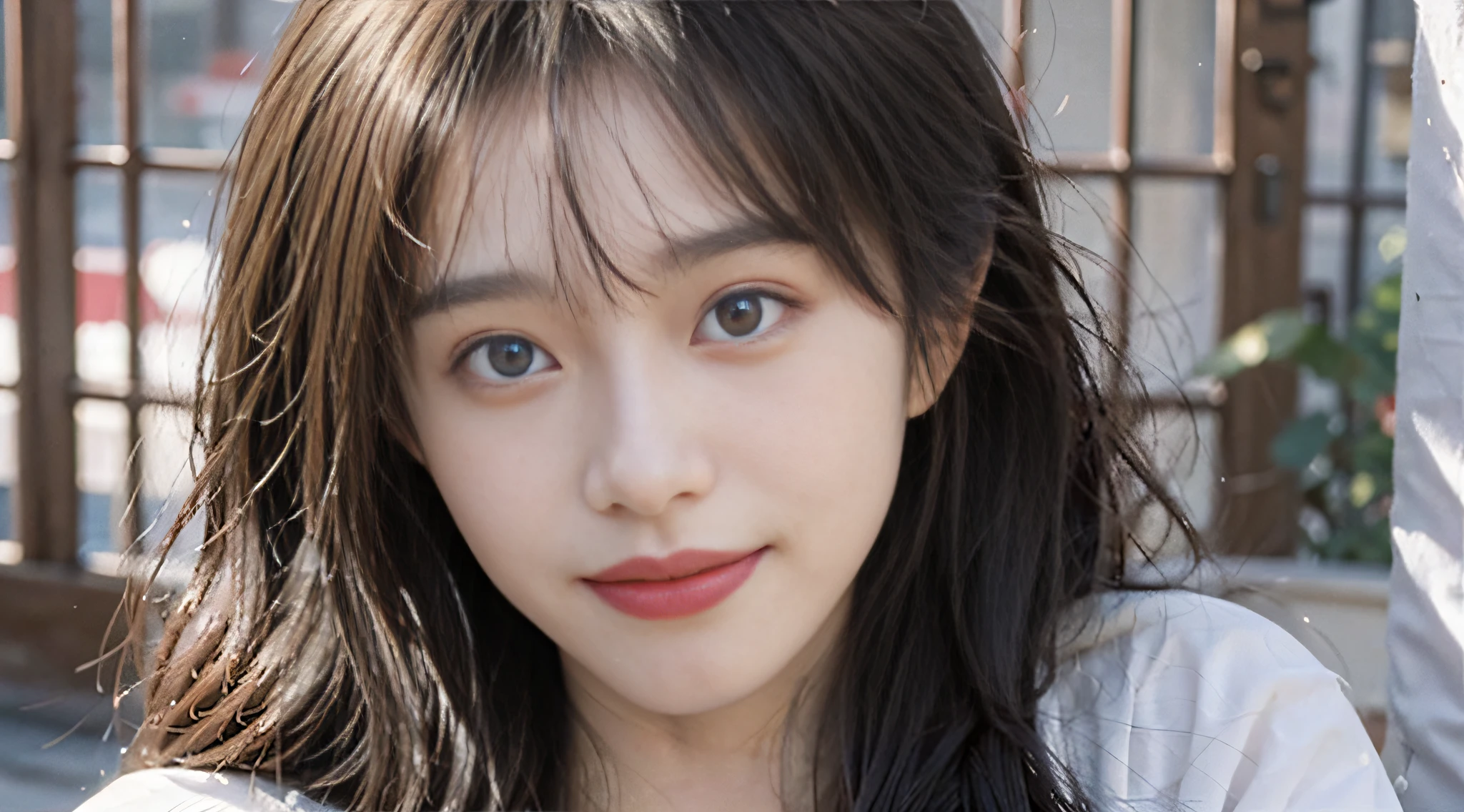 8K, Best Quality, Masterpiece, Ultra High Resolution, (Realism: 1.4), Original Photo, (Real Skin Texture: 1.3), (Film Grain: 1.3), (Selfie Angle), (1 Girl), Beautiful Blue Eyes and Face Details, Masterpiece, Best Quality, Close-up, Upper Body, Looking at the Viewer, Vest, In the Room, Skin Transparent, Smiling, Bright Tones, Highlights on Face, Overall Brightening of the Picture, 1/3 White on the Head