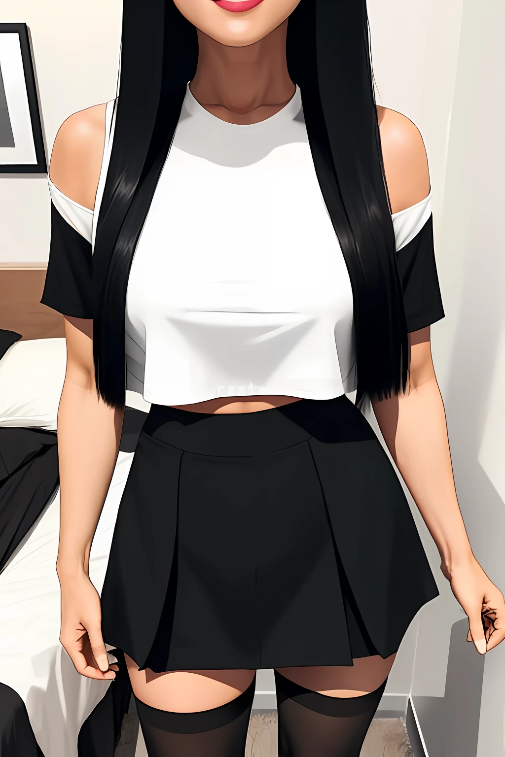 Real Human，blackstockings，black long straight hair，M-legs，cropped shoulders，Crop topping，Short slit skirt，Chest 32D，Weight 50 kg，Height 173cm，on bedroom，