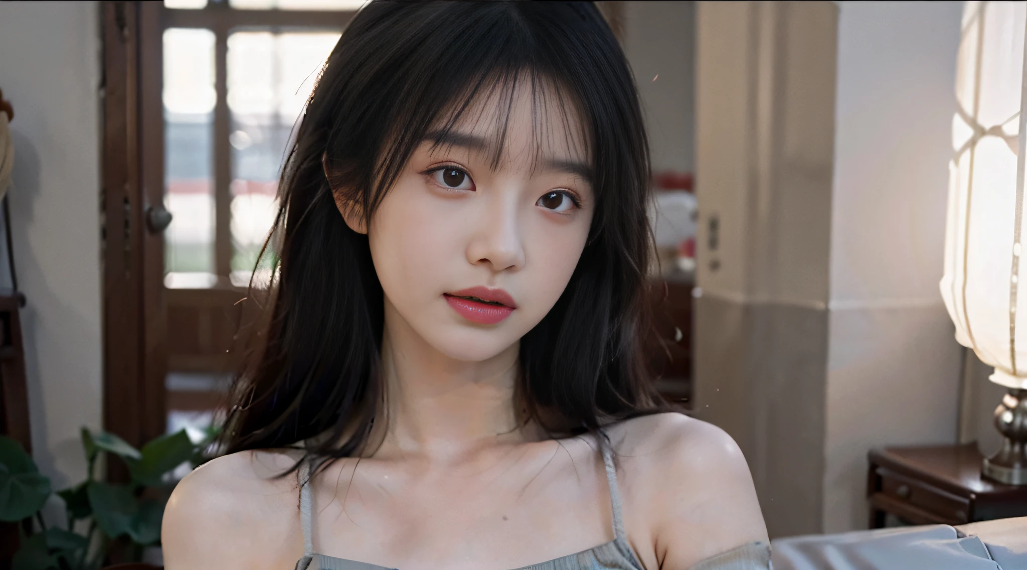 8K, Best Quality, Masterpiece, Ultra High Resolution, (Realism: 1.5), Original Photo, (True Skin Texture: 1.5), (Selfie Angle), 1 Girl, Beautiful Eyes and Face Detail, Masterpiece, Best Quality, Close Up, Upper Body, (8K, RAW photo, Photorealistic: 1.25), (Full Body, Lip Gloss, Eyelashes, Giny Face, Glossy Skin, Best Quality, Ultra High Resolution, Depth of Field, Chromatic Aberration, Caustics, Wide Light, Natural Shadow, Kpop idol), watch the audience with serenity and goddess-like happiness, highly detailed facial and skin texture, delicate eyes, double eyelids, whitened skin, long hair