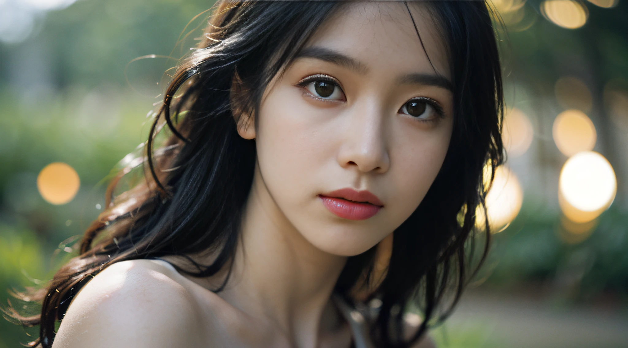 film portrait photography, 1girl, bare shoulders, wavy shoulder-length hair, serene, calm, (realistic detailed eyes, natural skin texture, realistic face details), soft dramatic lighting, depth of field, bokeh, vibrant details, finely detailed, hyperrealistic, 35mm film, hazy blur