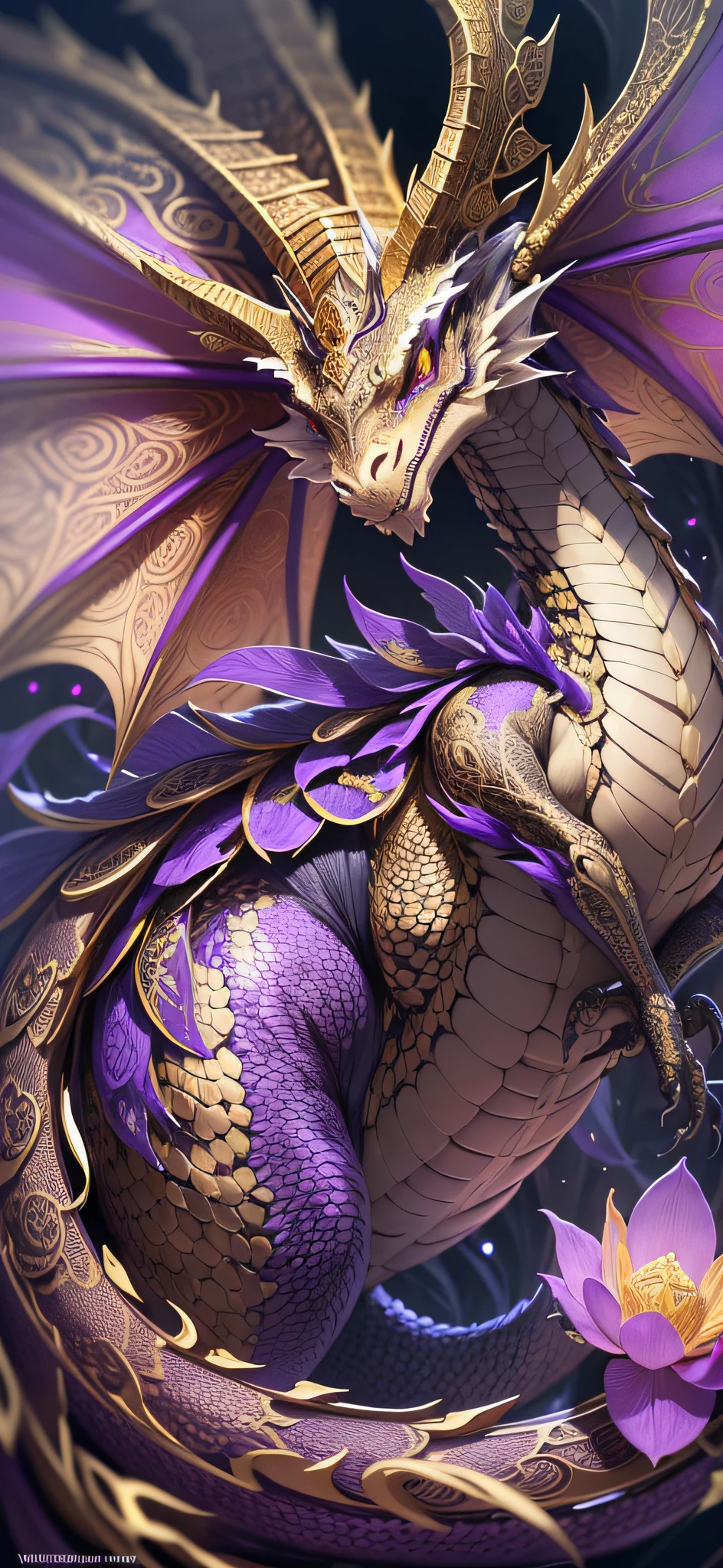 (best quality) dragon, ultra-detailed, intricate linework, highly detailed illustration, perfect composition, beautiful and stunning, dynamic angle, high contrast, incredible shading, incredible detail, unique style, gold and purple details, gold glitters, lotus flowers (dark and mystical atmosphere), intricate and detailed nature elements.
