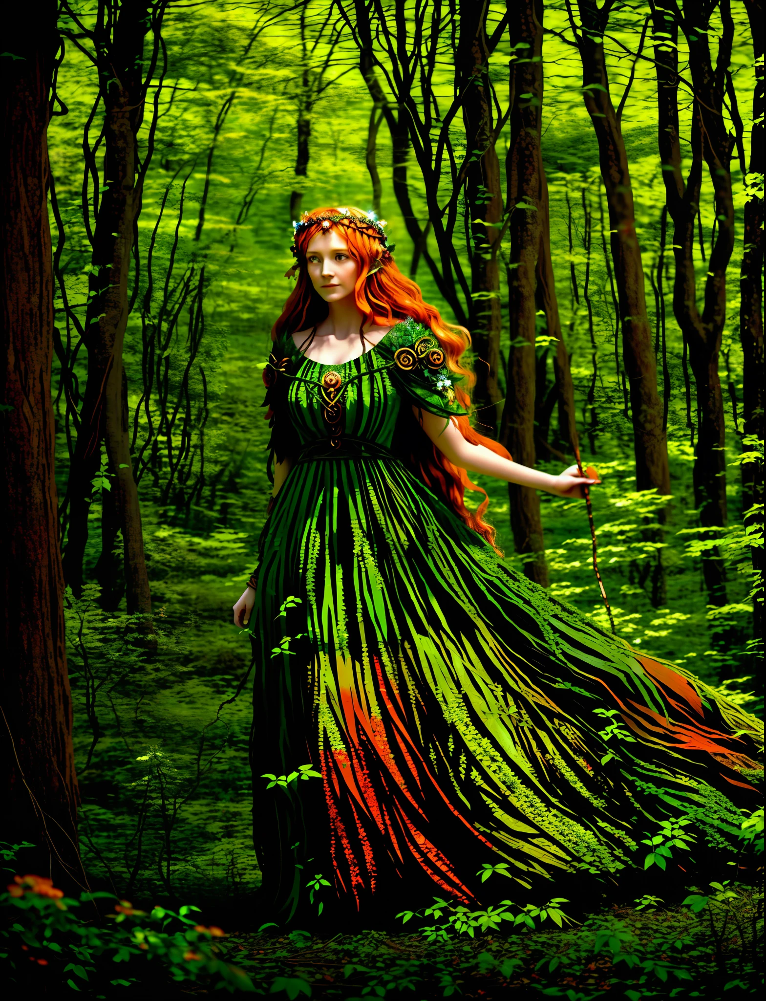 In the field stood a woman with long hair, druid goddess, Earth goddess mythology, goddess of nature, persephone in spring, fey queen of the summer forest, goddess of nature, goddess of the forest, Dryad, Girl with red copper hair, spring goddess, wearing a dress made of vines, Beautiful female druids, a female druid, portrait of a female druid