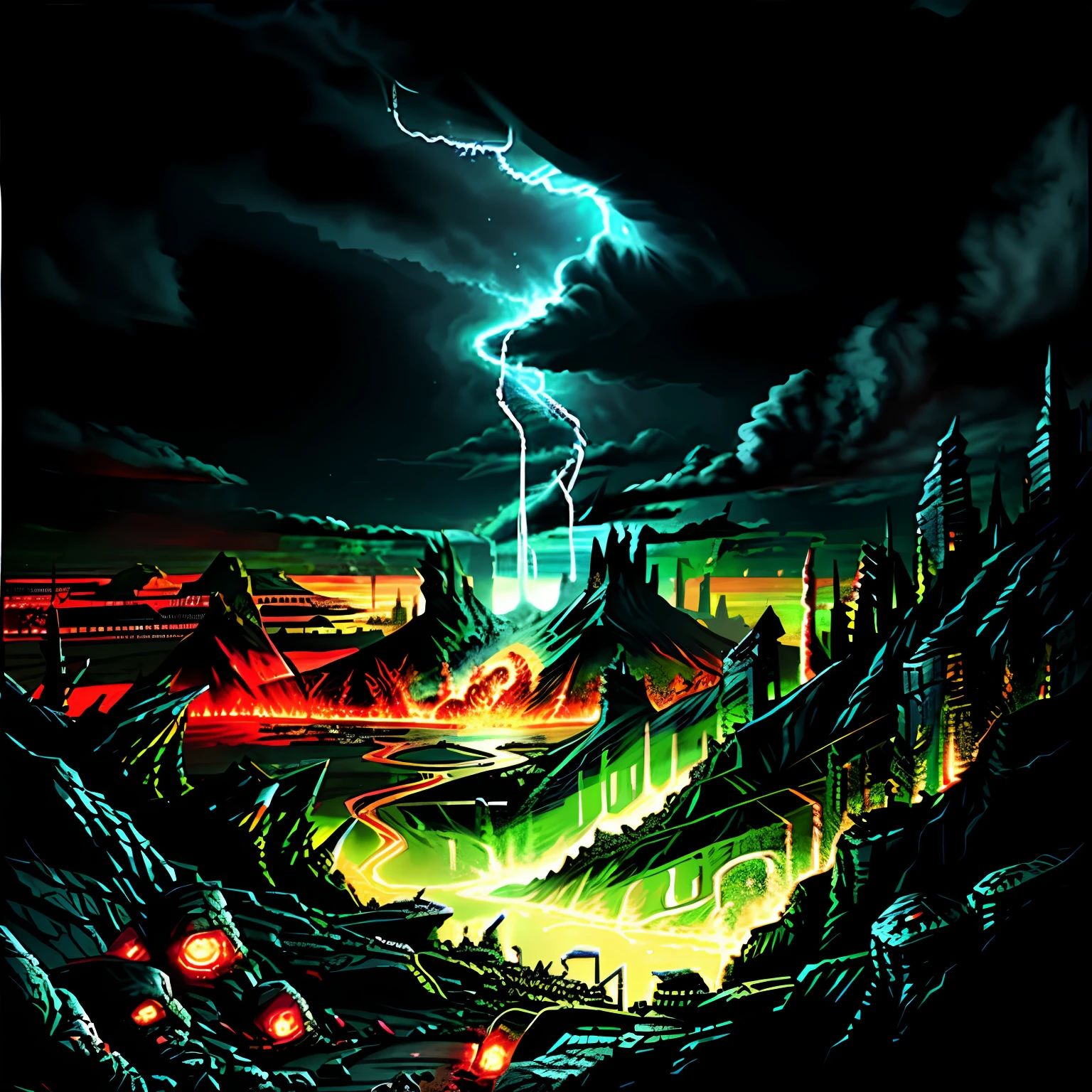 Looking from the top of the peak, A madness evil landscape, hell rising from the abyss. Fire from hell. Polluted river. Horror art. Unreal engine. UHD sketch color painting.