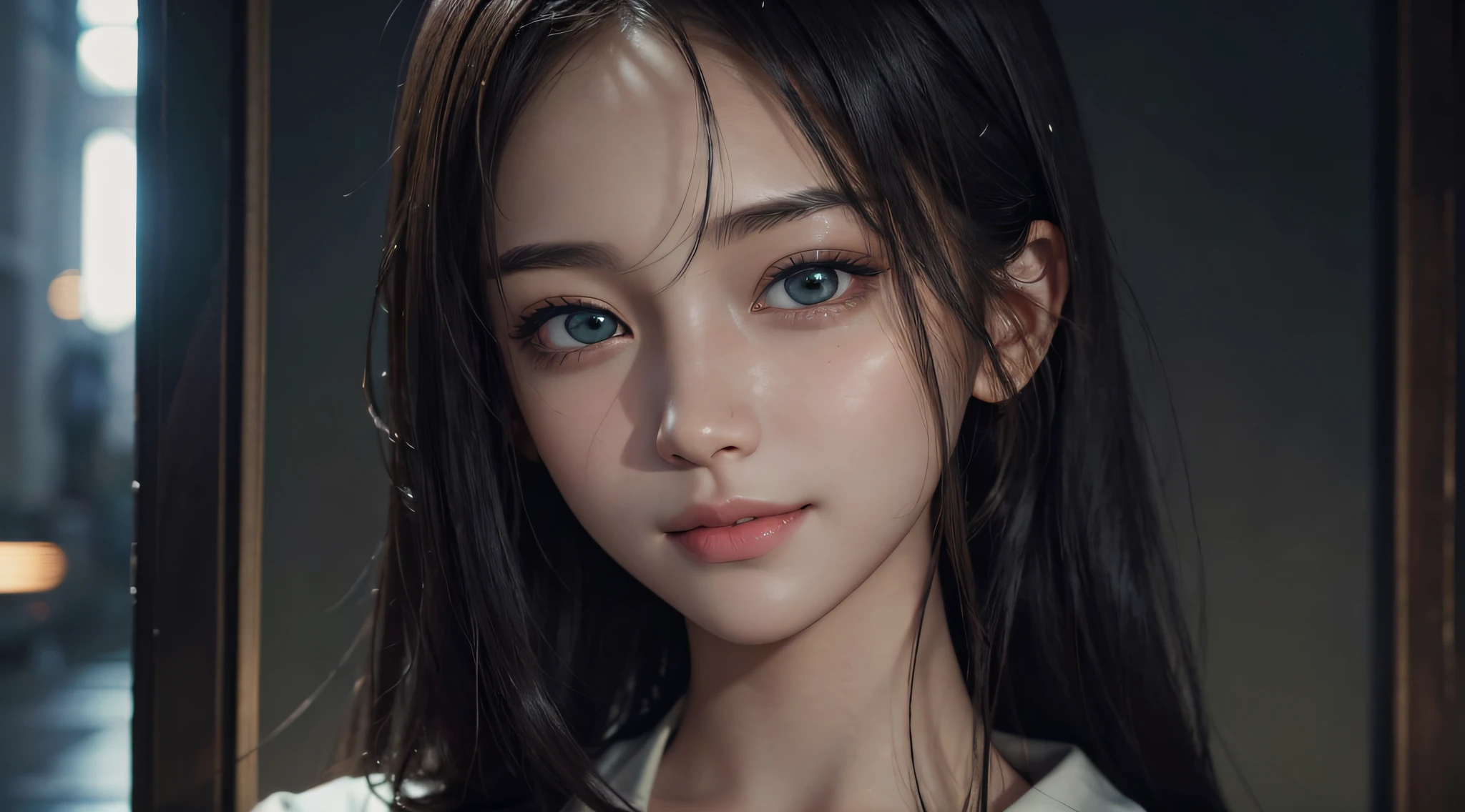 Masterpiece, 1 Beautiful Girl, Detailed Eyes, Swollen Eyes, Best Quality, Ultra High Resolution, (Reality: 1.4), Original Photo, 1Girl, Green Eyes, Cinematic Lighting, Smiling, Japanese, Asian Beauty, Korean, Clean, Super Beautiful, Little Young Face, Beautiful Skin, Slender, Cyberpunk (ultra realistic), (illustration), (high resolution), (8K), (very detailed), (best illustration), (beautifully detailed eyes), (super detailed), (wallpaper), (detailed face), viewer looking, fine details, detailed face, in the dark, deep shadow, low key, pureerosfaceace_v1, smile, Long hair, Straight hair, 46 point diagonal bangs