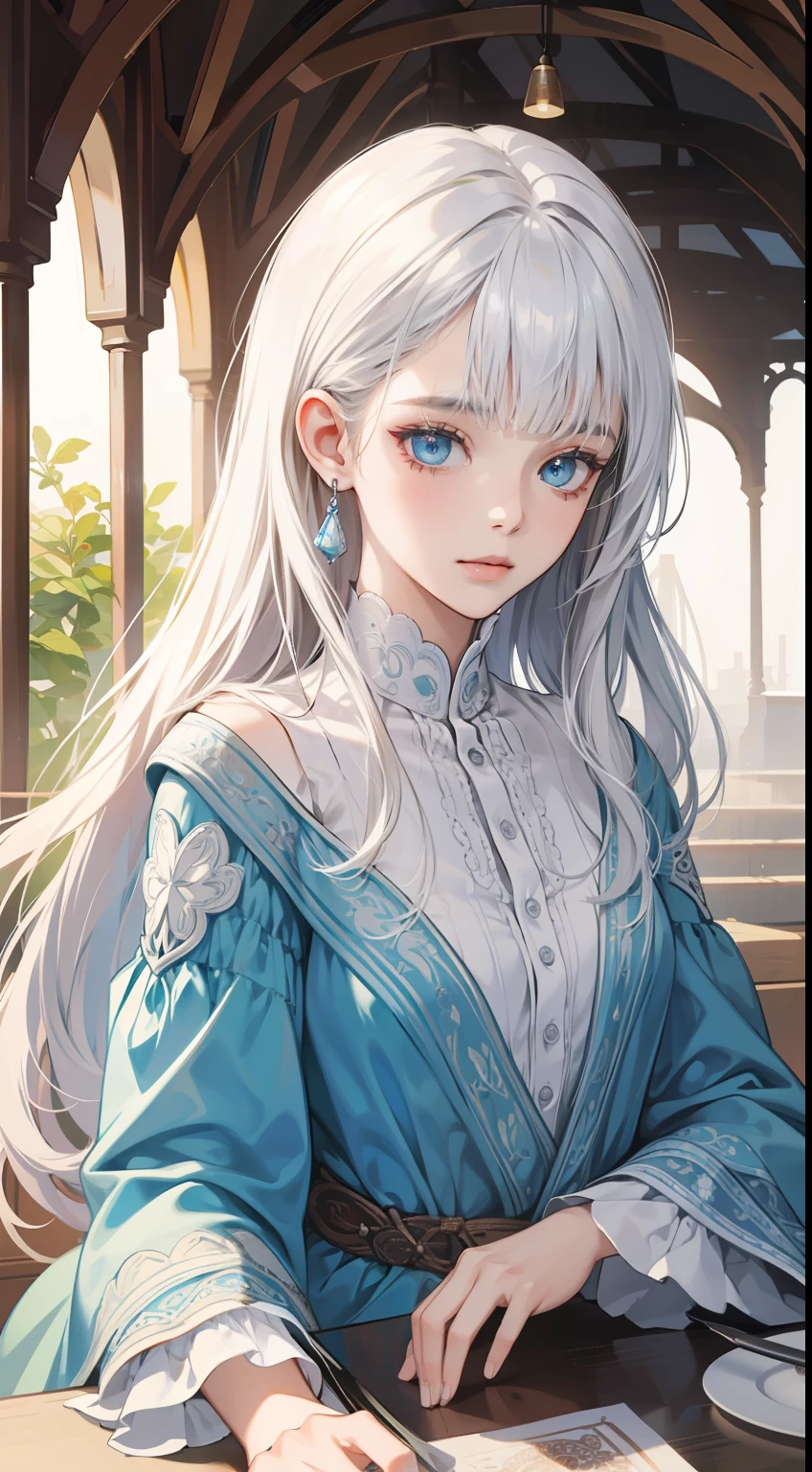(absurdres, highres, ultra detailed), 1girl, mature female, white hair, long hair, blunt bangs, blue eyes, dress, long sleeves, finely detailed eyes and detailed face, intricate details, BREAK mosaic art, small pieces, colorful tesserae, intricate patterns, tiled designs, durable surfaces, time-honored techniques BREAK macro photography, extreme close-up, intricate details, magnified textures, stunning clarity, hidden beauty, immersive perspective BREAK , artisanal creations, handmade goods, unique designs, intricate details, creative expression, skilled craftsmanship