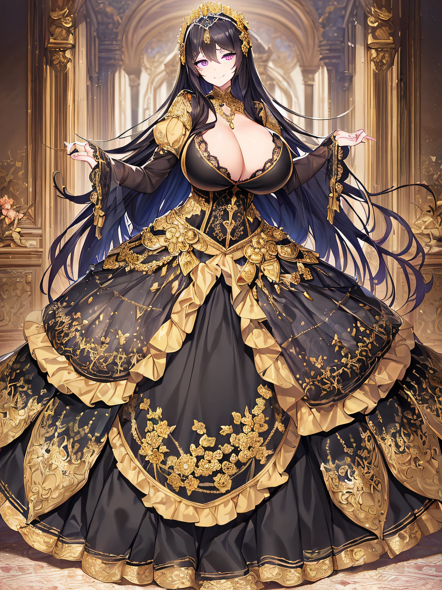 ((anime artstyle)),(Masterpiece),(Best Quality), (Super Detail),((Very Delicate and Beautiful)),((Solo)),((full body)),((1 arrogant princess in black and gold gorgeousfull rococo dress with voluminous skirt)),(Purple eyes),Sharp eyes,detailed face and eyes,jewel-like eyes,(((arrogant))),(((haughty smile))),dominant pose,((voluminous Very Long black Hair,Straight Hair)),((Bangs between eyes)),((gigantic tits,Long tits)),curvy,skindentation,((gorgeousfull embroidery and lace)),gorgeous corsage,See-through,gorgeousfull hair ornament,gorgeousfull glitter jeweled tiara,ornate ruffles,((full body)),((hoop skirt,crinoline)),Dynamic Angle,Looking at viewer,(((gorgeous embroidery black and gold gorgeousfull rococo dress with voluminous skirt)),full body