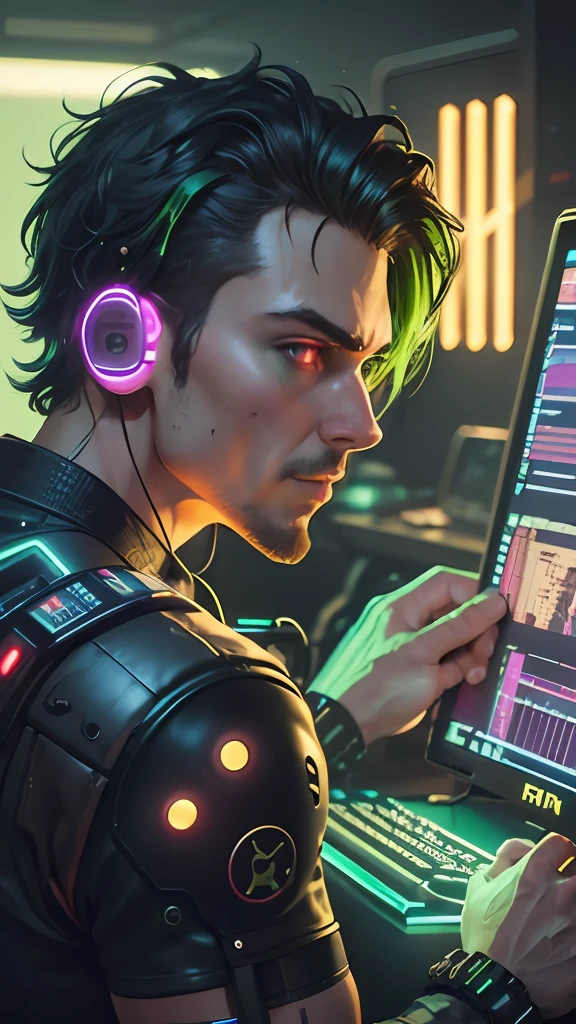 a man front computer, cyberpunk, neon, green and black