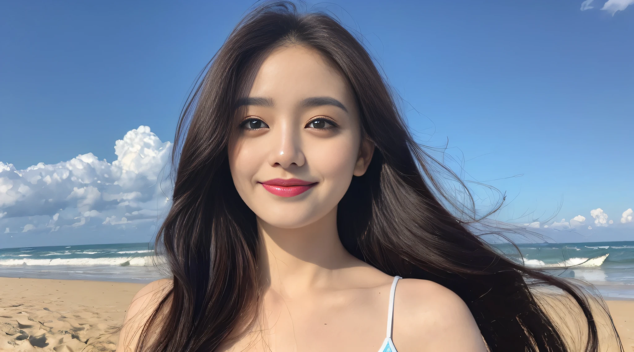 ((Best Quality, 8K, Masterpiece:1.3)), A beautiful girl, pure, melon face, gentle and cute, slightly fat, partial head, leaning forward, ((long solid color top, yoga pants)), black fluffy long hair, round black big eyes, clear big eyes, moist red lips, sweet smile, standing, blue sky and white clouds, sunshine, beach background,
