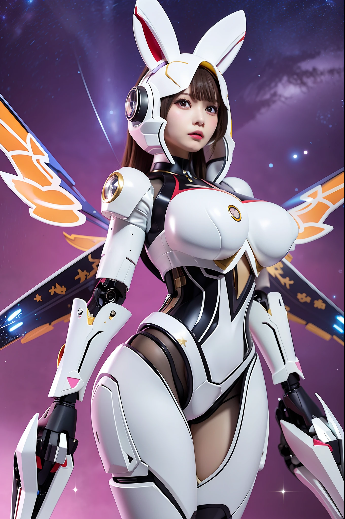 Robot rabbit female, (huge boobs, super big tits, huge exaggerated breasts), clear details, anime characters, long legs, galactic special effects clothes, starry sky special effects clothes, mecha jet flash wings, laser emission effect), humanoid weapons, grim expression