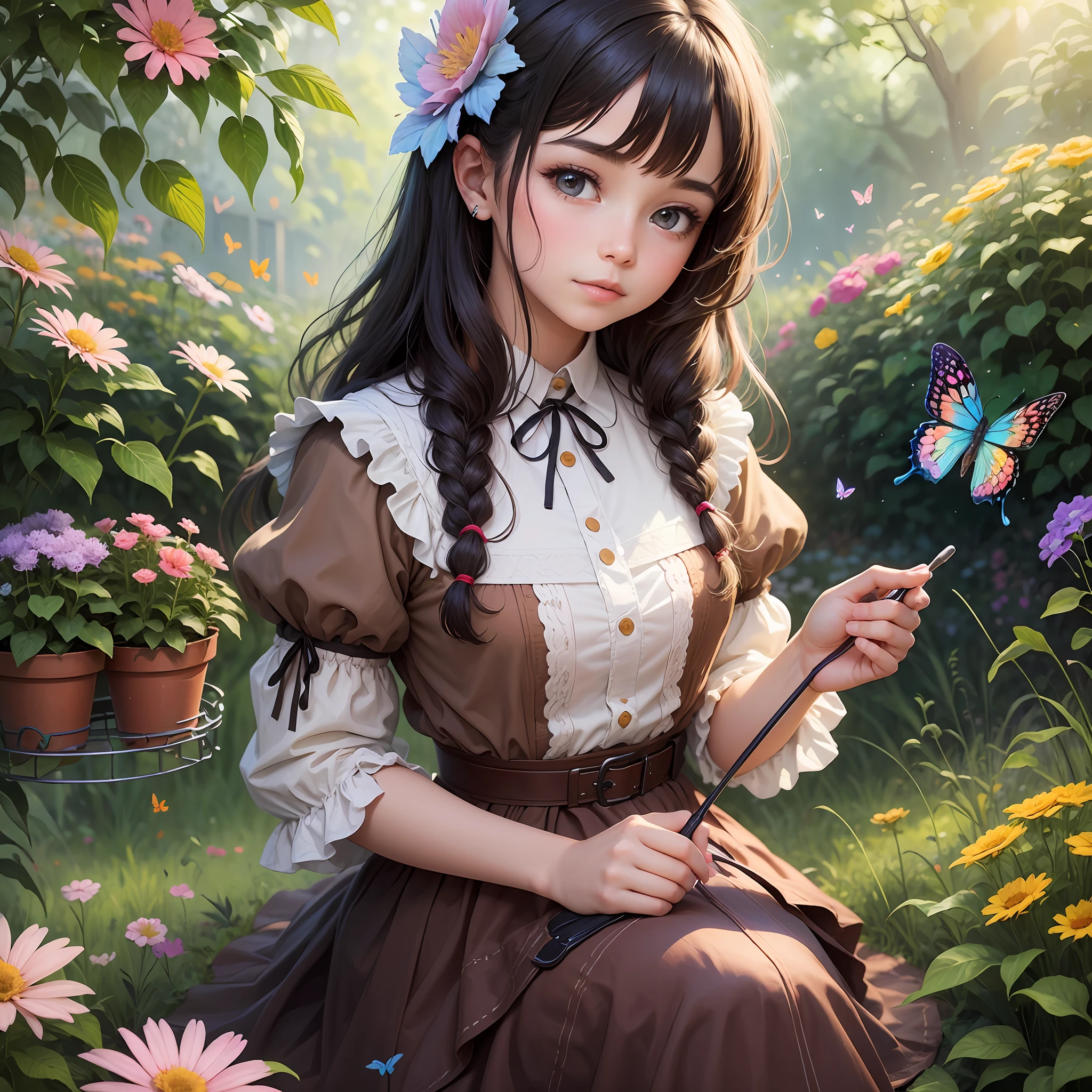A girl taking care of the flowers and butterflies in the garden --auto --s2