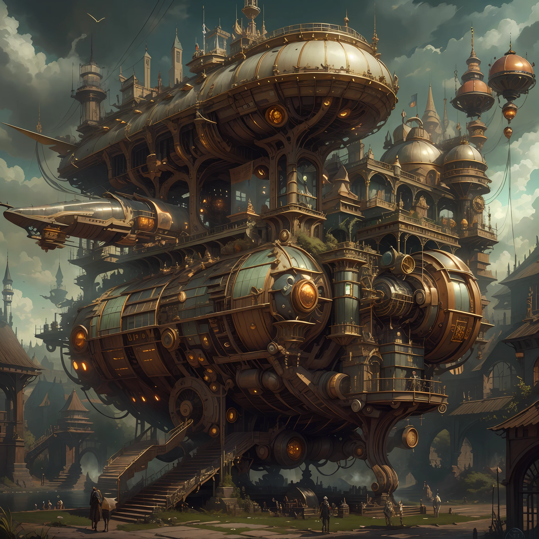best qualtiy,tmasterpiece,超高分辨率,(realisticlying:1.4),absurderes,(1 couple standing in the manor,(Eye focus),sface focus),(koh_amberheard:0.8),1 best long shot photo of Mechanical Airship Manor,Fantasy sci-fi vehicles,hyper realisitc,steampunc,Complex design,insanely details,finely detailled,Steampunk AI,