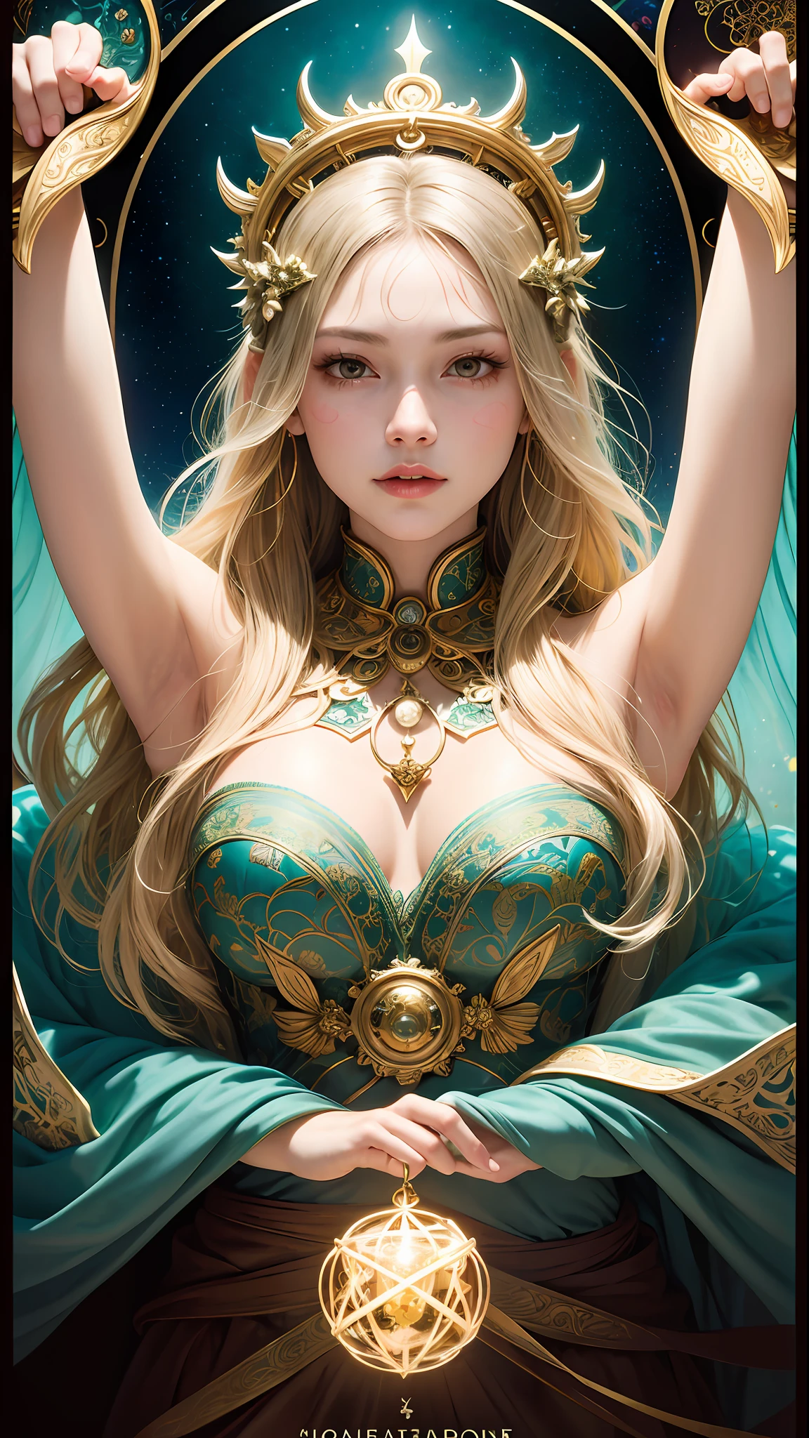 portrait of the most beautiful form of chaos，ellegance，Fauvistdesign，vivd colour，romanticism lain，Tarot cards in hand,author：James Jean、roby dwi antono、ross tran、Francis Bacon、Michal Mraz、adrian ghenie、petra cortright、Gerhard Richter、Takato Yamamoto、Ashley Wood，atmospurate，Trends on ArtStation。 8K masterpiece。 (Alphonse Mucha style:1.2), a 3D render, .CGI, 对称, rendering by octane, 35mm, Bokeh, 9:16, (Intricate details:1.12), hdr, (Intricate details, ultra - detailed:1.15), (Natural skin texture，hyper photorealism, softlighting, Sharp:1.5), rimlight, Low, Glowing,Tarot cards in hand，Tarot cards in hand，Tarot cards in hand
