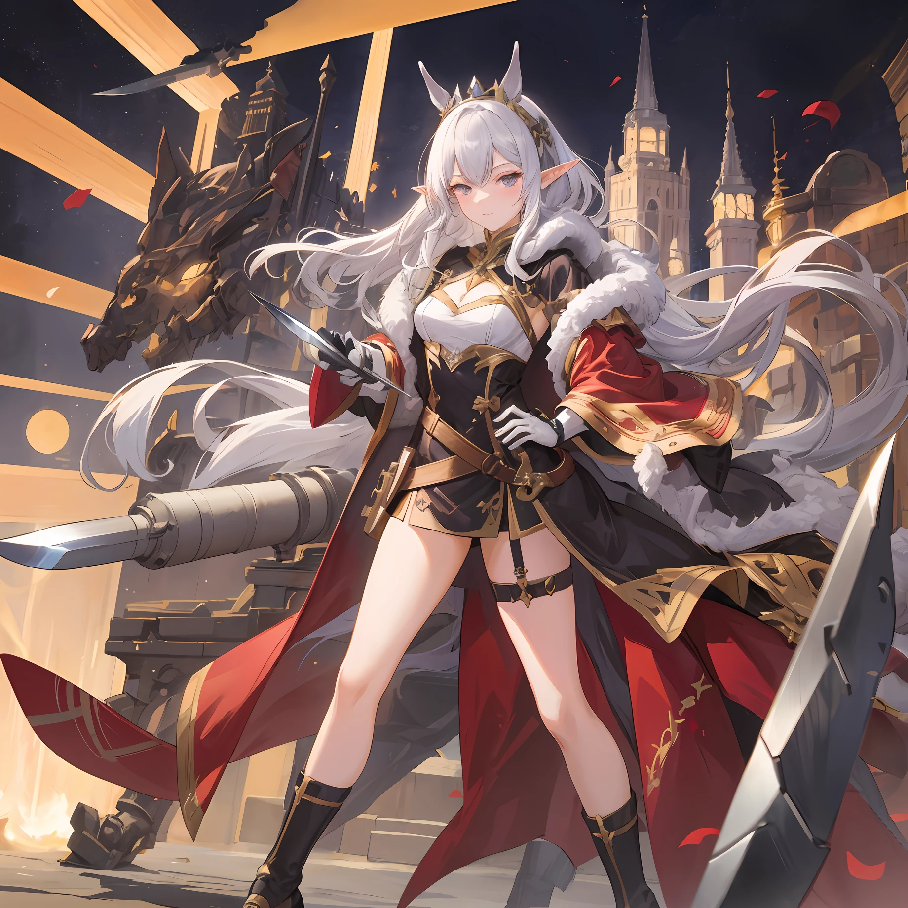 sexy for,mature,A high resolution,high qulity,mechs,Elf King,Hold a cannon,对称,silber hair,diadems,Magic effects,Sharp knife shoes,metalictexture,Women's horse coats