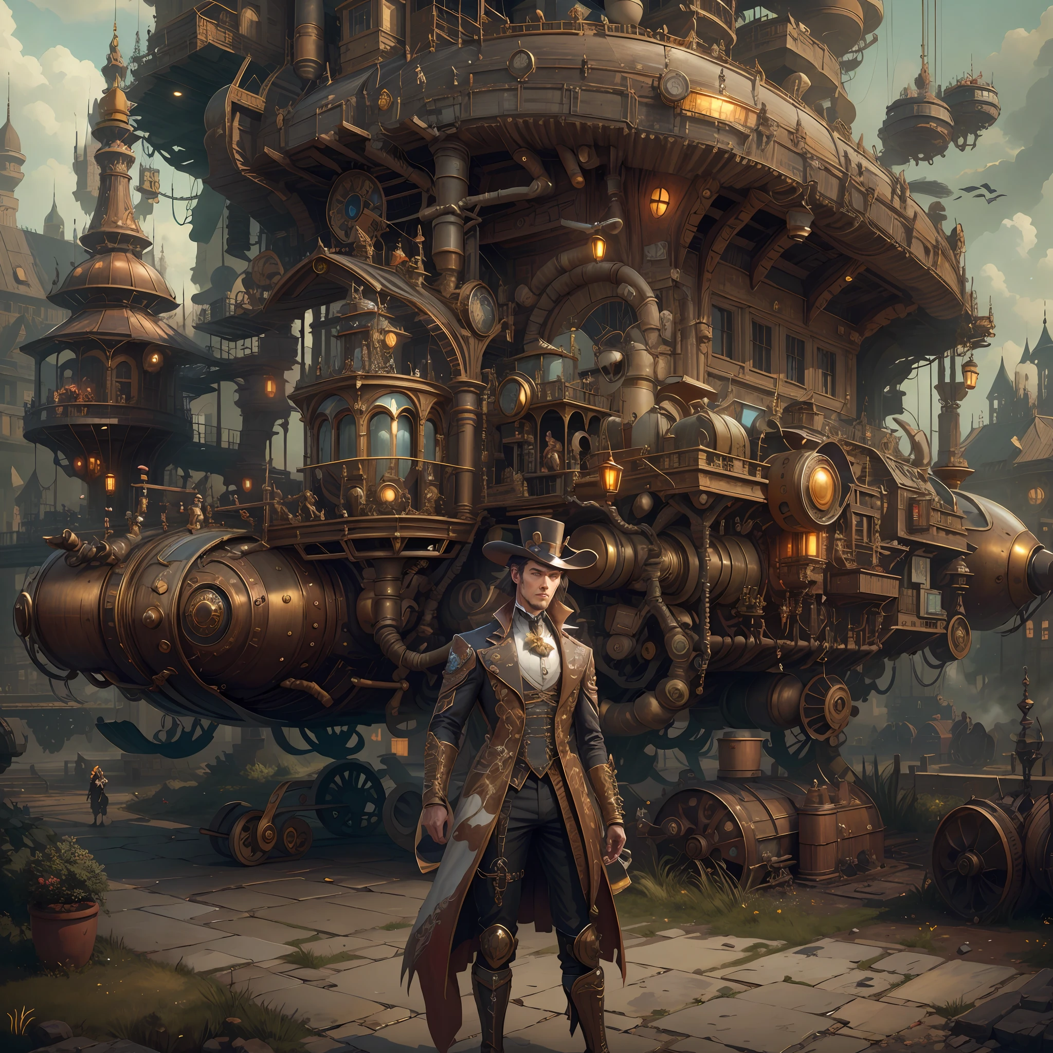 best qualtiy，tmasterpiece，超高分辨率，（realisticlying：1.4），absurderes，（1 couple standing in the manor，（Eye focus），sface focus），（koh_amberheard：0.8），1 best long shot photo of Mechanical Airship Manor，Fantasy sci-fi vehicles，hyper realisitc，steampunc，Complex design，insanely details，finely detailled，Steampunk AI，