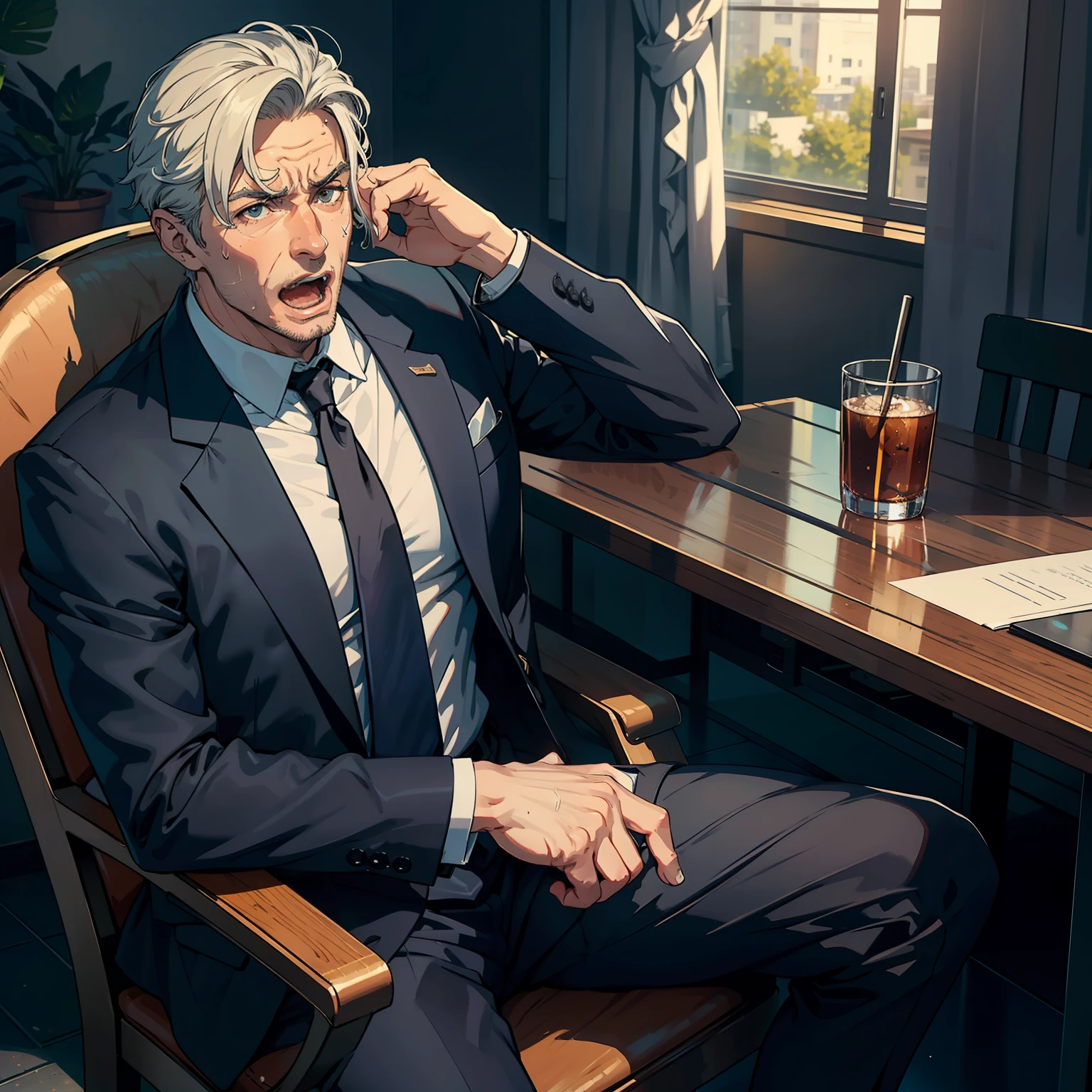 1 male,mature,Sweaty face,Open-mouthed,sit on chair,dressed in a suit
