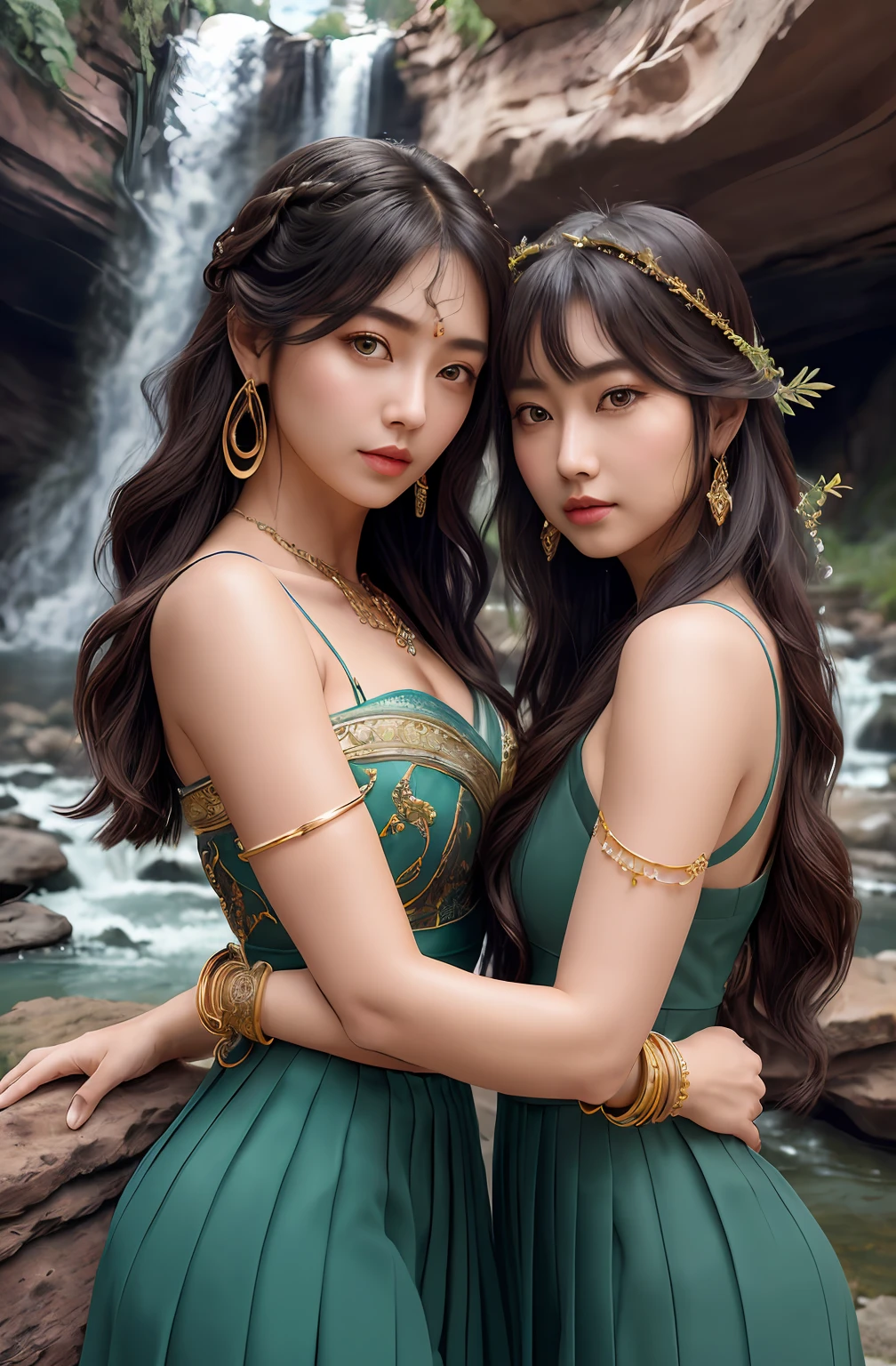 ((Realistic:1.5)),Ulzzang-6500:1.4,((Best quality)), ((Masterpiece)),((Detailed)),2girls,duo,{2 beautiful women}, (Upper body:1.3),Hug and touch each other, Tease your friend's waist, Breathless friends, Biting a friend's earlobe, crouched,super wide shot,Face focus, Long legs,Curvy, Barefoot,Wide hips, Thin legs, Oversized eyes,Long eyelashes, (Detailed face,beautidful eyes, detailedpupils,detailed clothes features, Clear background:1.3), (armlets, bangle:1.3), Mysterious ancient ruins, floresta exuberante, Deep canyon,bridge,River,cliff,Cloud,lakes,Rock music,Waterfalls, Flowers, Grass,grape trees,tree,bright detail,Sharp,Perfect compounding, Intricate, Sharp focus, Dramatic,